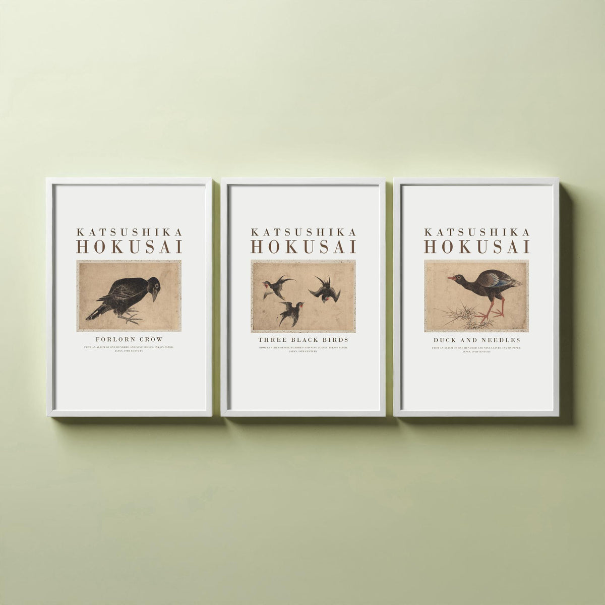 Hokusai Three Black Birds Set of Three Art Prints - Forlorn Crow, Three Black Birds, Duck and Needles - Japanese Ink Drawing Poster