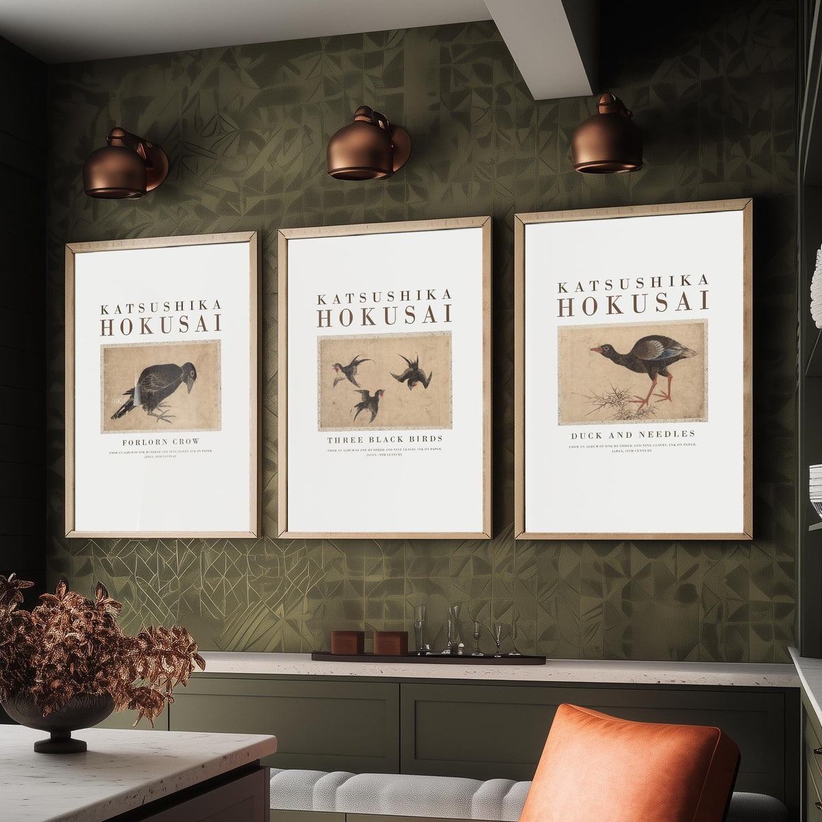 Hokusai Three Black Birds Set of Three Art Prints - Forlorn Crow, Three Black Birds, Duck and Needles - Japanese Ink Drawing Poster