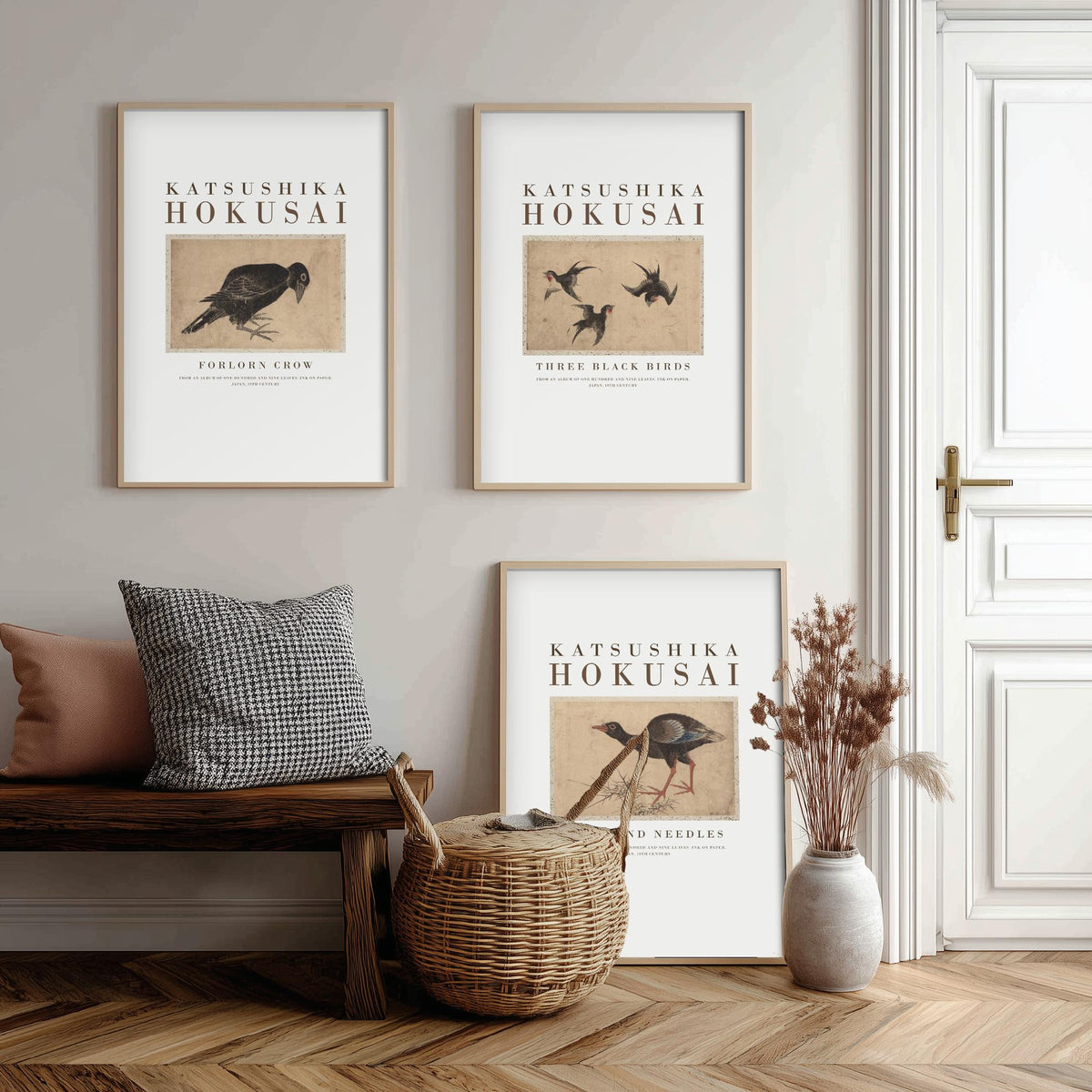 Hokusai Three Black Birds Set of Three Art Prints - Forlorn Crow, Three Black Birds, Duck and Needles - Japanese Ink Drawing Poster