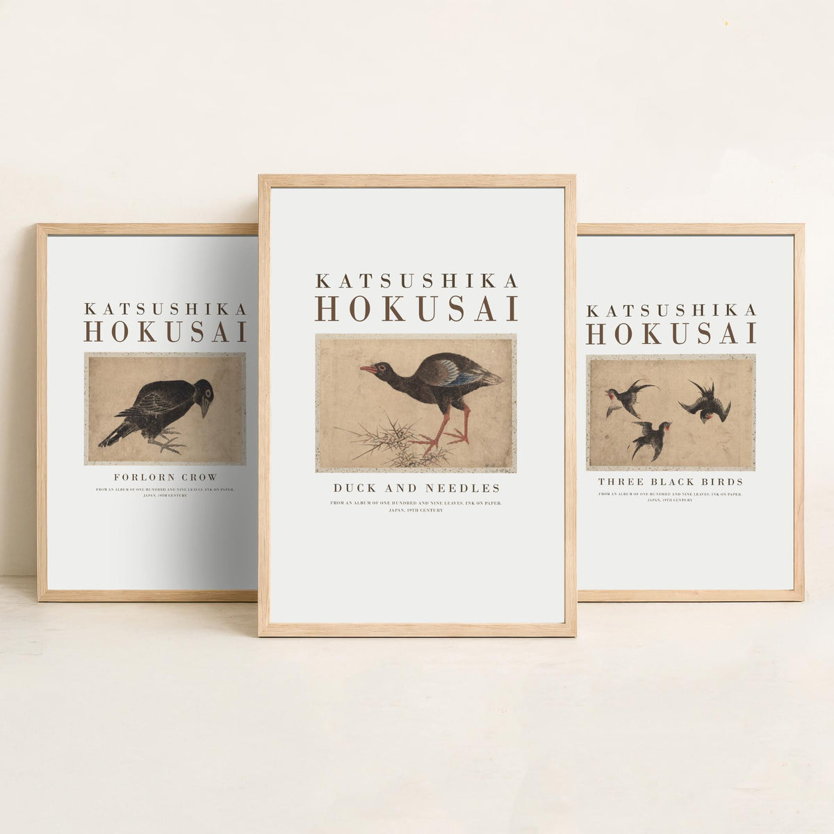 Hokusai Three Black Birds Set of Three Art Prints - Forlorn Crow, Three Black Birds, Duck and Needles - Japanese Ink Drawing Poster