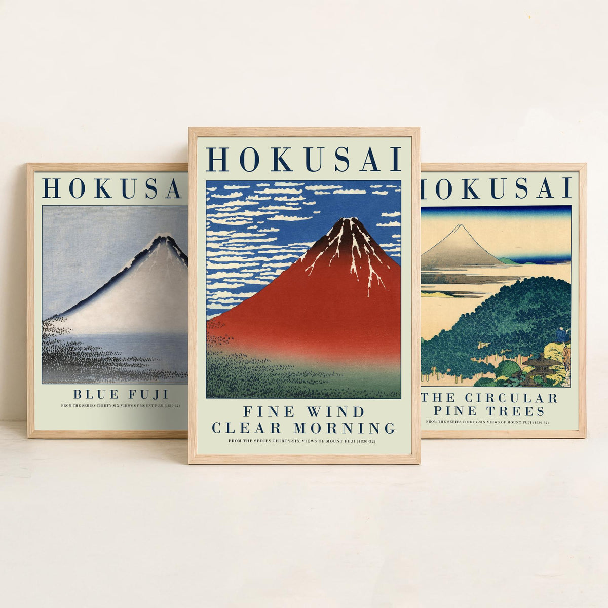 Katsushika Hokusai Views of Fuji Set of Three Art Prints - Blue Fuji, Circular Pine Trees, Red Fuji - Japanese Woodcut Poster