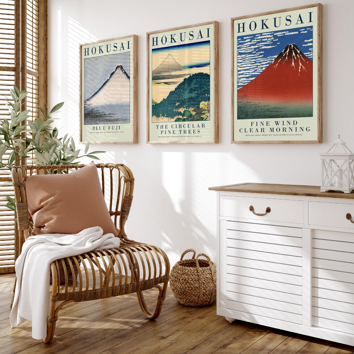 Katsushika Hokusai Views of Fuji Set of Three Art Prints - Blue Fuji, Circular Pine Trees, Red Fuji - Japanese Woodcut Poster