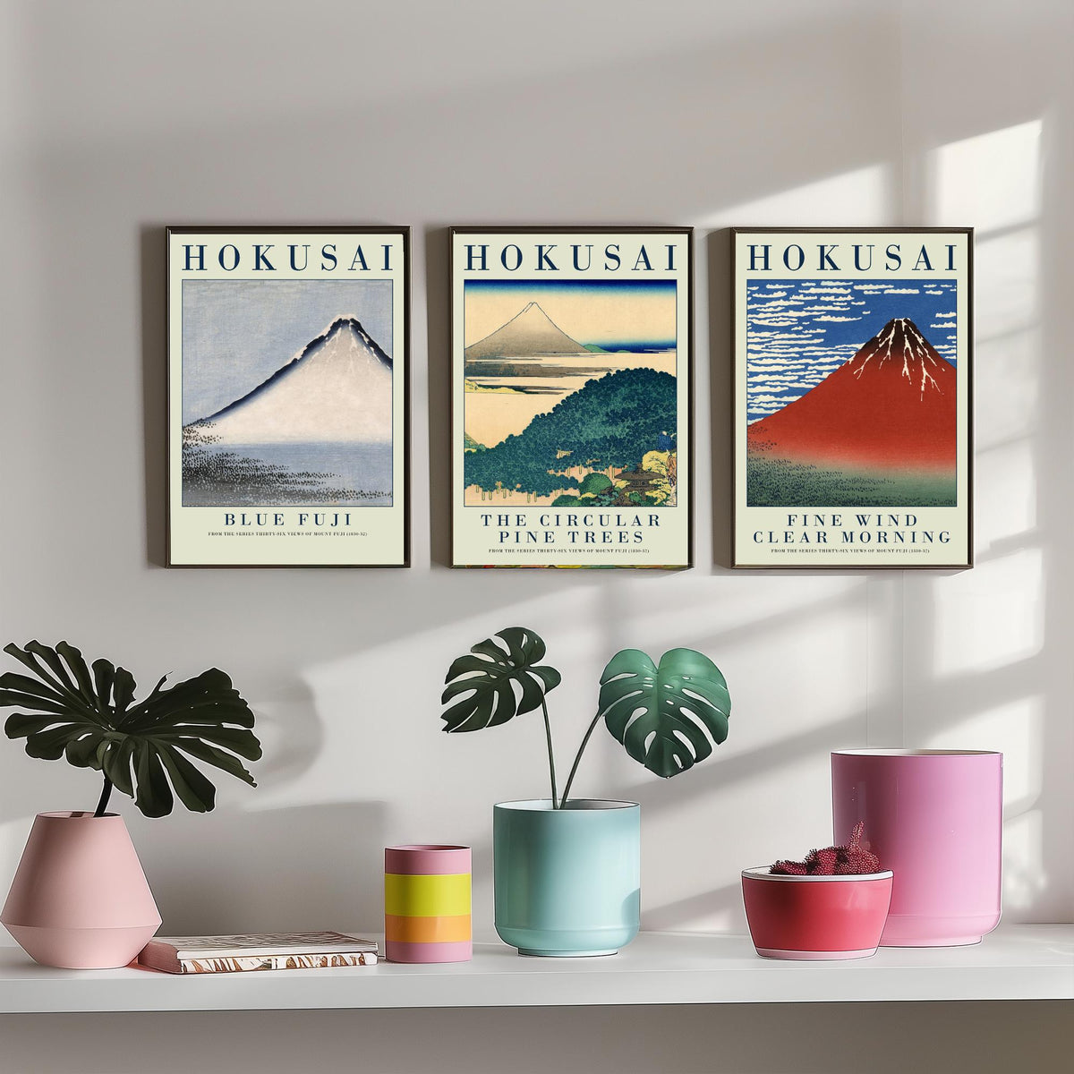 Katsushika Hokusai Views of Fuji Set of Three Art Prints - Blue Fuji, Circular Pine Trees, Red Fuji - Japanese Woodcut Poster