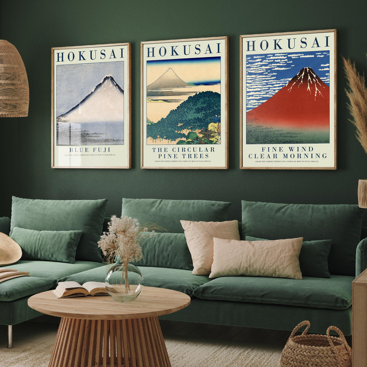 Katsushika Hokusai Views of Fuji Set of Three Art Prints - Blue Fuji, Circular Pine Trees, Red Fuji - Japanese Woodcut Poster