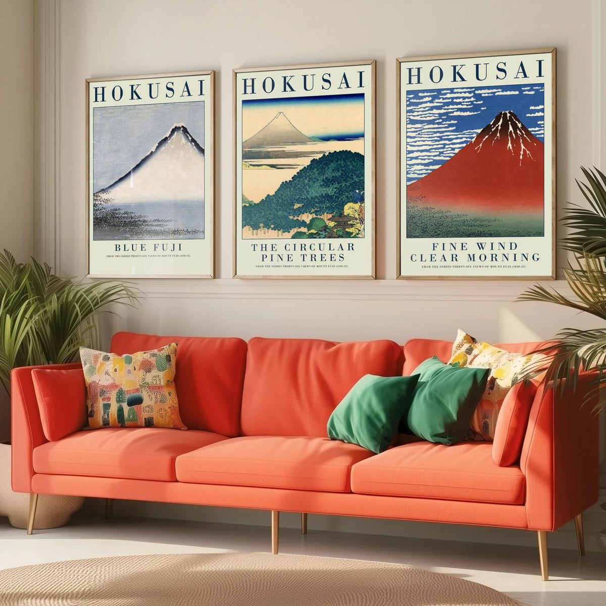 Katsushika Hokusai Views of Fuji Set of Three Art Prints - Blue Fuji, Circular Pine Trees, Red Fuji - Japanese Woodcut Poster
