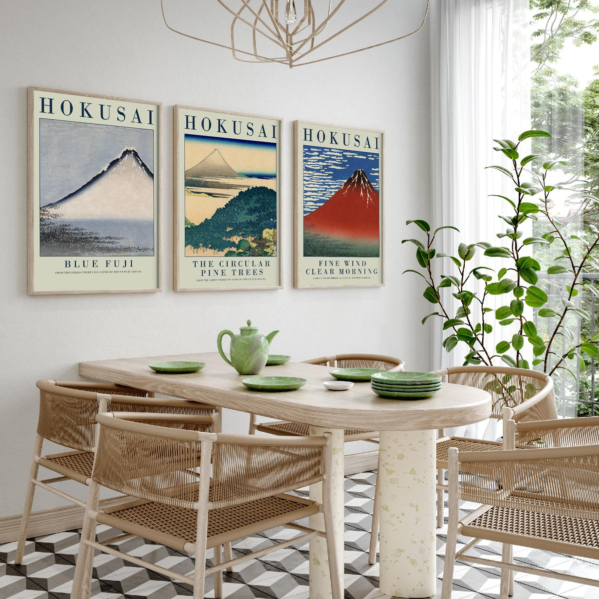 Katsushika Hokusai Views of Fuji Set of Three Art Prints - Blue Fuji, Circular Pine Trees, Red Fuji - Japanese Woodcut Poster