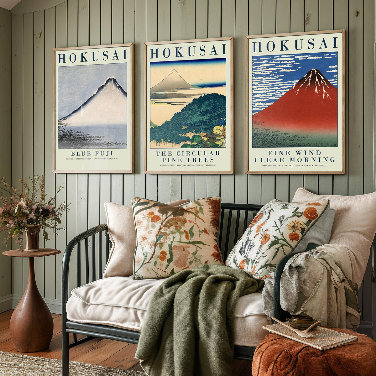 Katsushika Hokusai Views of Fuji Set of Three Art Prints - Blue Fuji, Circular Pine Trees, Red Fuji - Japanese Woodcut Poster