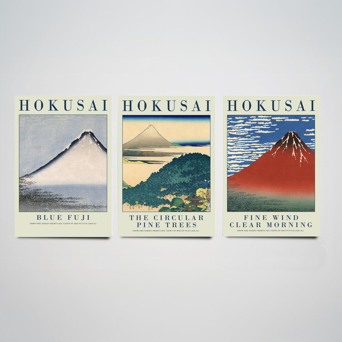 Katsushika Hokusai Views of Fuji Set of Three Art Prints - Blue Fuji, Circular Pine Trees, Red Fuji - Japanese Woodcut Poster