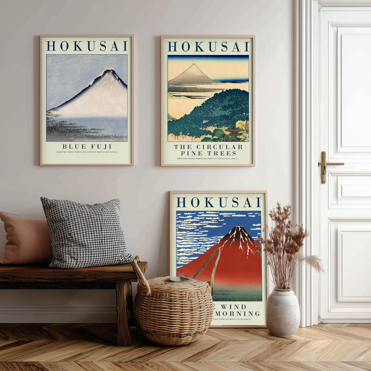 Katsushika Hokusai Views of Fuji Set of Three Art Prints - Blue Fuji, Circular Pine Trees, Red Fuji - Japanese Woodcut Poster