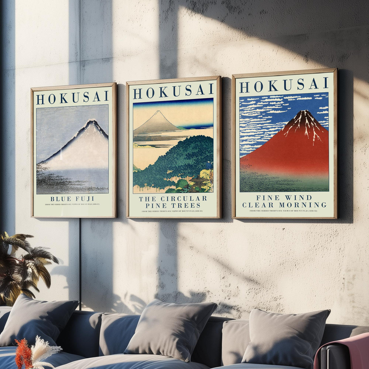Katsushika Hokusai Views of Fuji Set of Three Art Prints - Blue Fuji, Circular Pine Trees, Red Fuji - Japanese Woodcut Poster