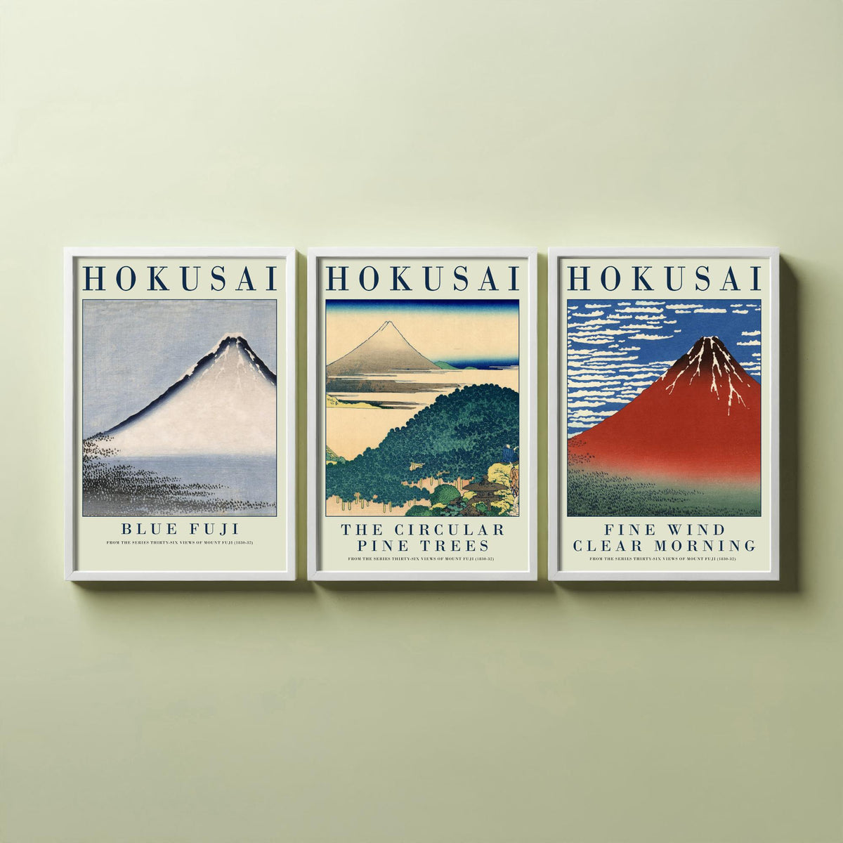 Katsushika Hokusai Views of Fuji Set of Three Art Prints - Blue Fuji, Circular Pine Trees, Red Fuji - Japanese Woodcut Poster