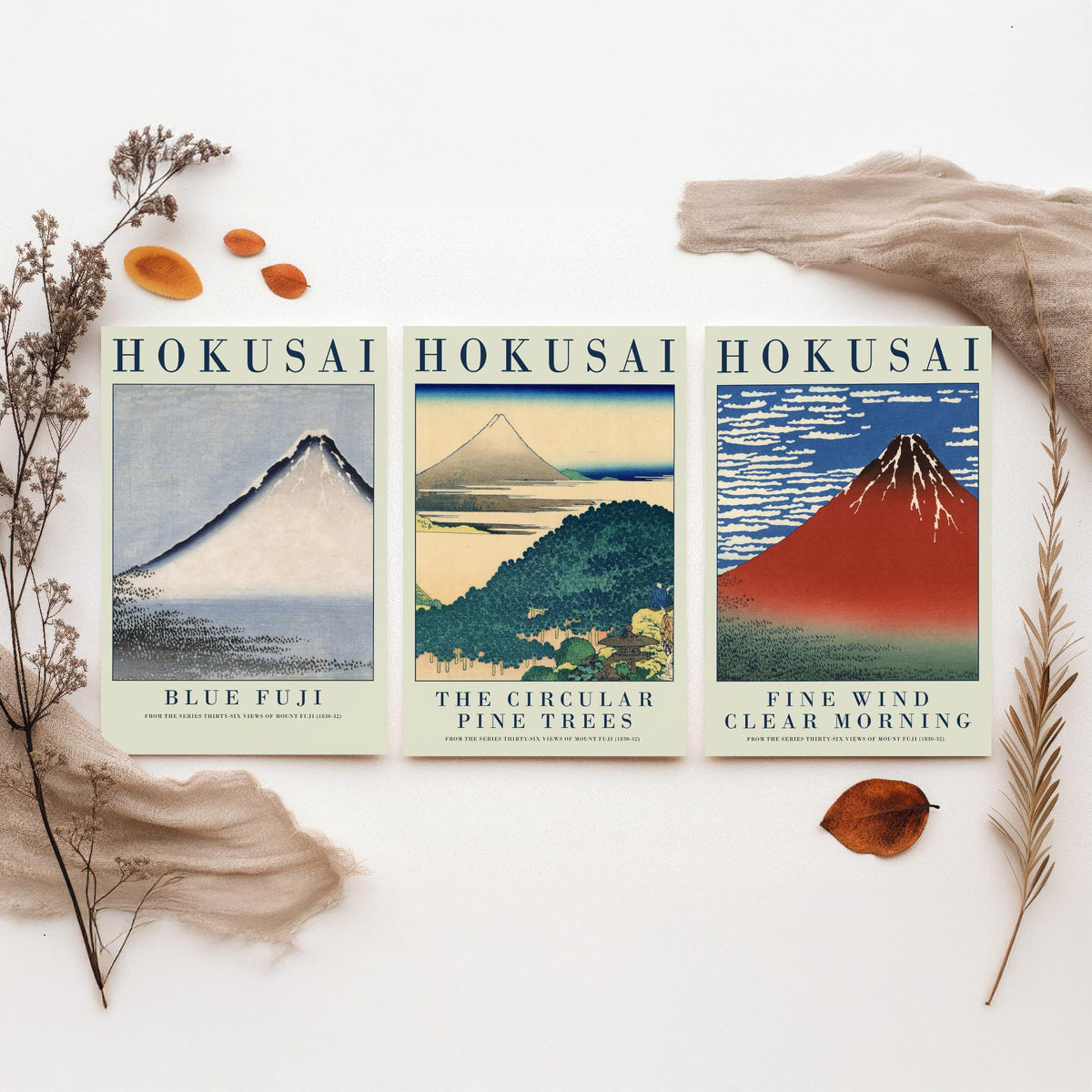 Katsushika Hokusai Views of Fuji Set of Three Art Prints - Blue Fuji, Circular Pine Trees, Red Fuji - Japanese Woodcut Poster