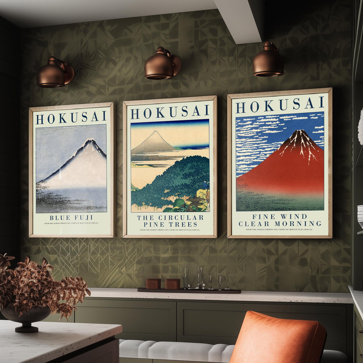 Katsushika Hokusai Views of Fuji Set of Three Art Prints - Blue Fuji, Circular Pine Trees, Red Fuji - Japanese Woodcut Poster