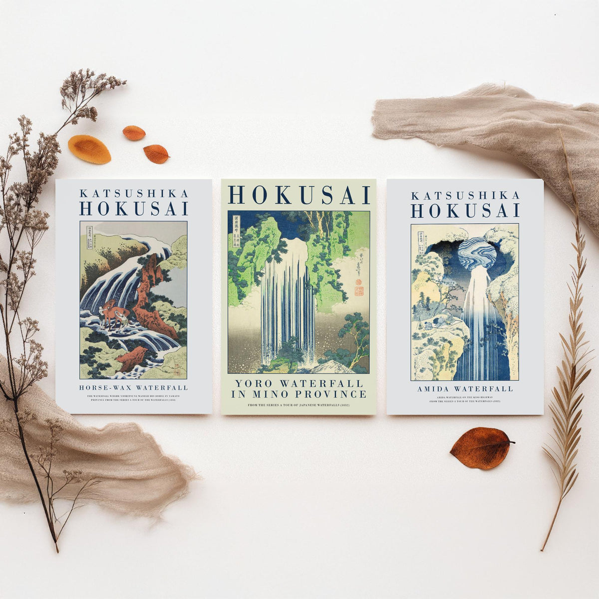 Katsushika Hokusai Yoro Waterfall Set of Three Art Prints - Horse Washing Falls, Yoro Waterfall, Amida Waterfall - Japanese Woodcut Poster