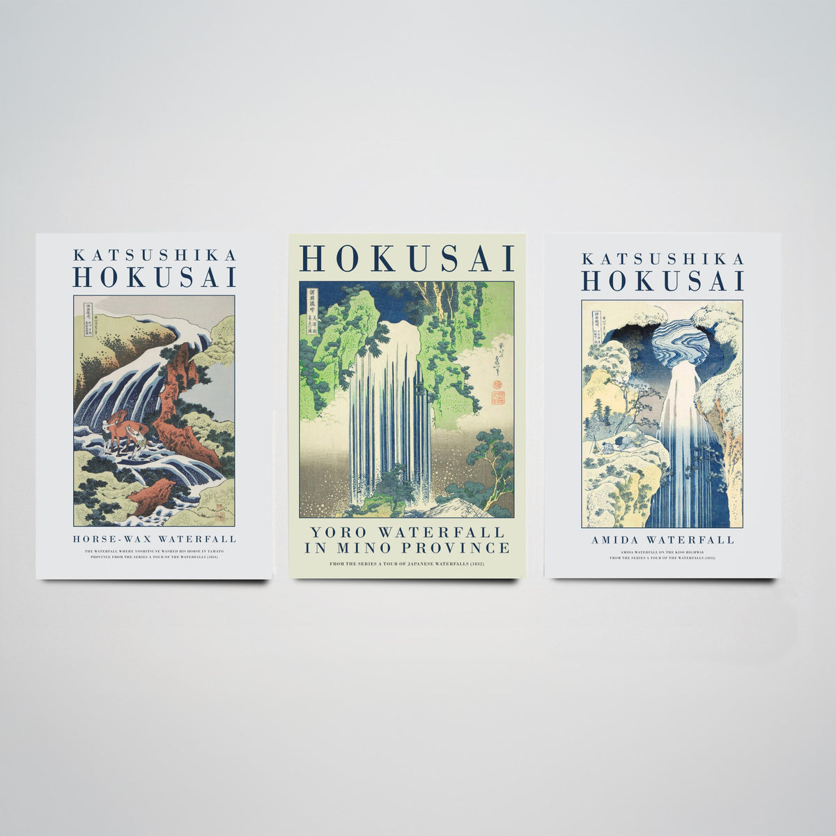 Katsushika Hokusai Yoro Waterfall Set of Three Art Prints - Horse Washing Falls, Yoro Waterfall, Amida Waterfall - Japanese Woodcut Poster
