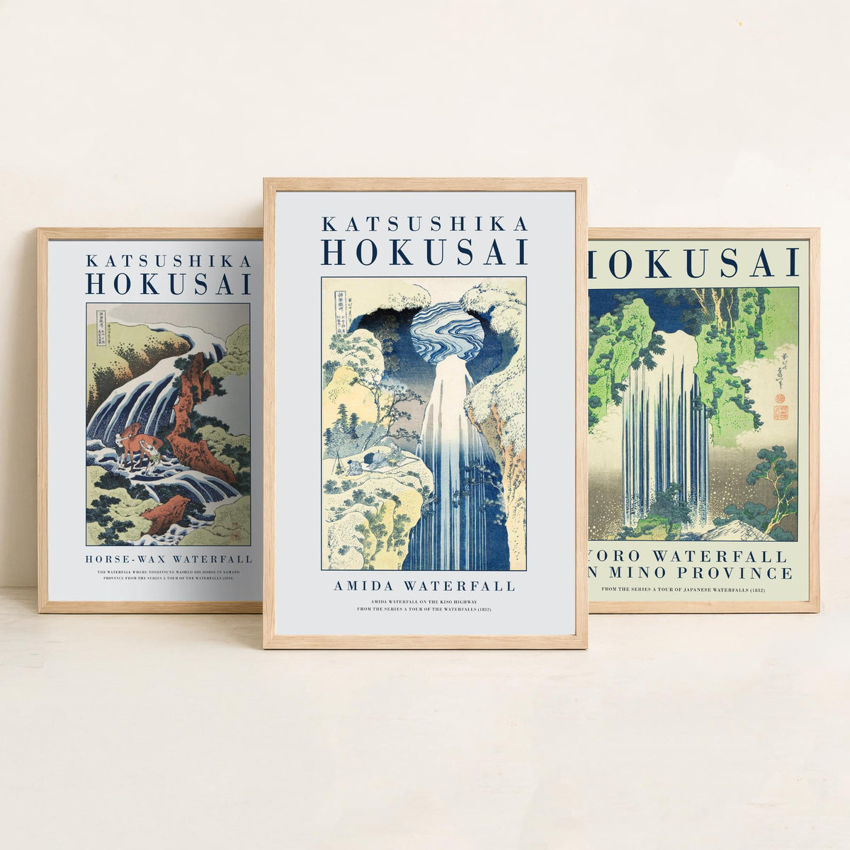 Katsushika Hokusai Yoro Waterfall Set of Three Art Prints - Horse Washing Falls, Yoro Waterfall, Amida Waterfall - Japanese Woodcut Poster