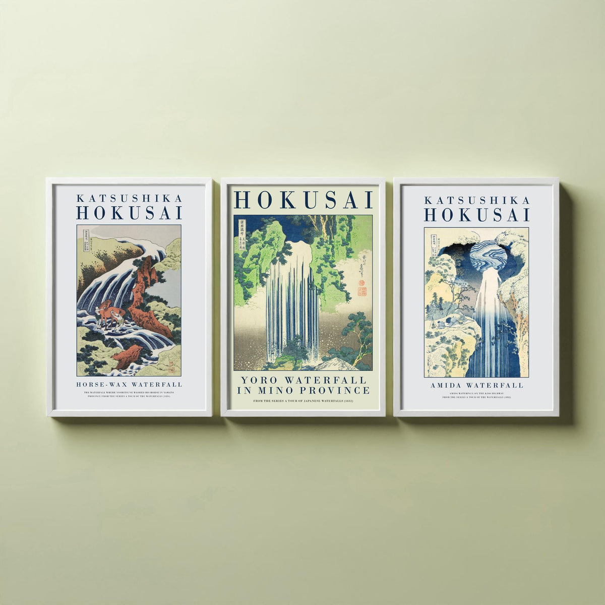 Katsushika Hokusai Yoro Waterfall Set of Three Art Prints - Horse Washing Falls, Yoro Waterfall, Amida Waterfall - Japanese Woodcut Poster
