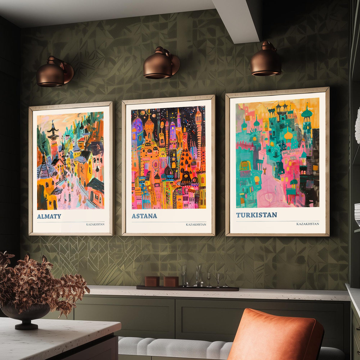 Kazakhstan Set of Three Prints - Almaty Astana Turkistan - 3 Folk Art Travel Posters - Central Asia Wall Art Gift Painting City Map Decor