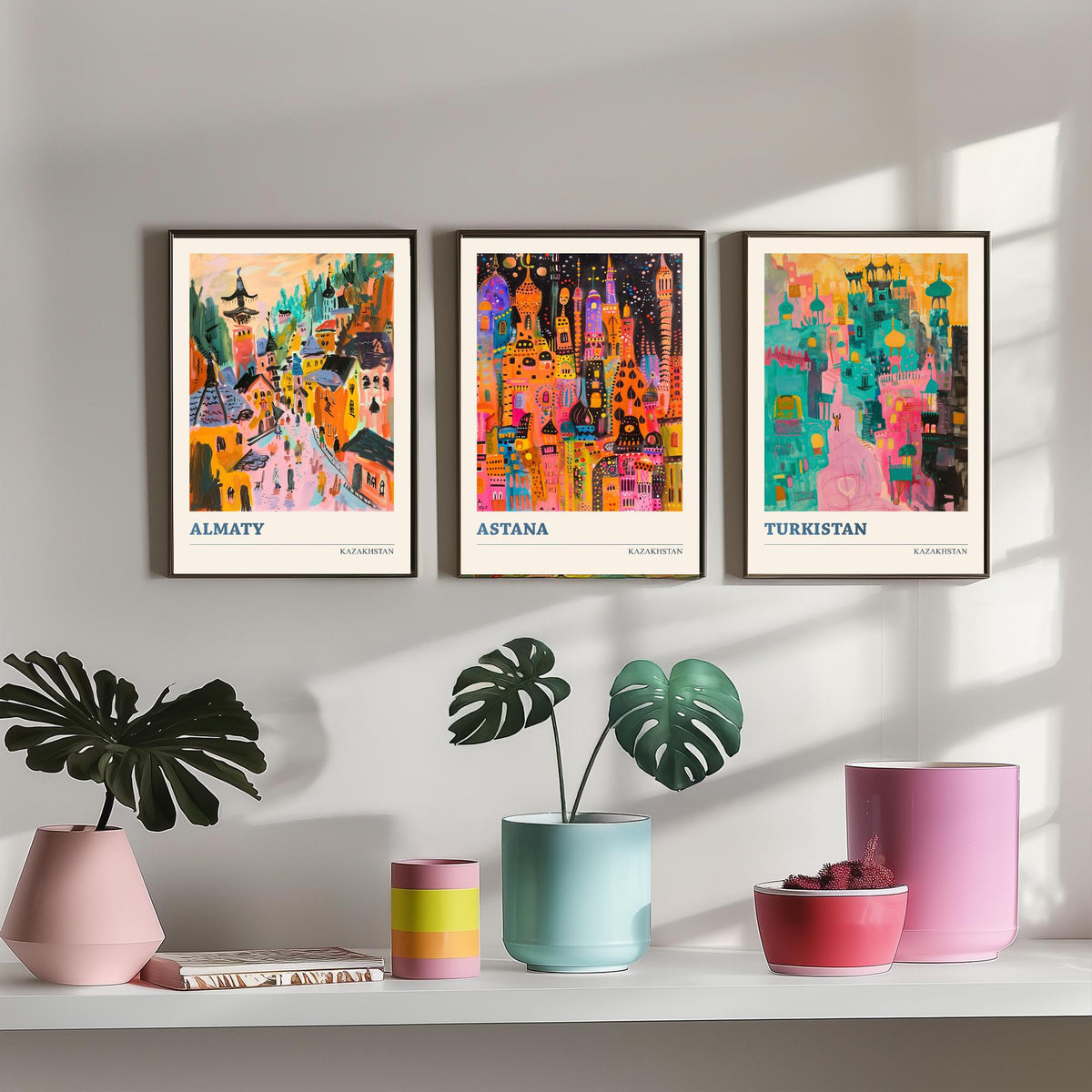 Kazakhstan Set of Three Prints - Almaty Astana Turkistan - 3 Folk Art Travel Posters - Central Asia Wall Art Gift Painting City Map Decor