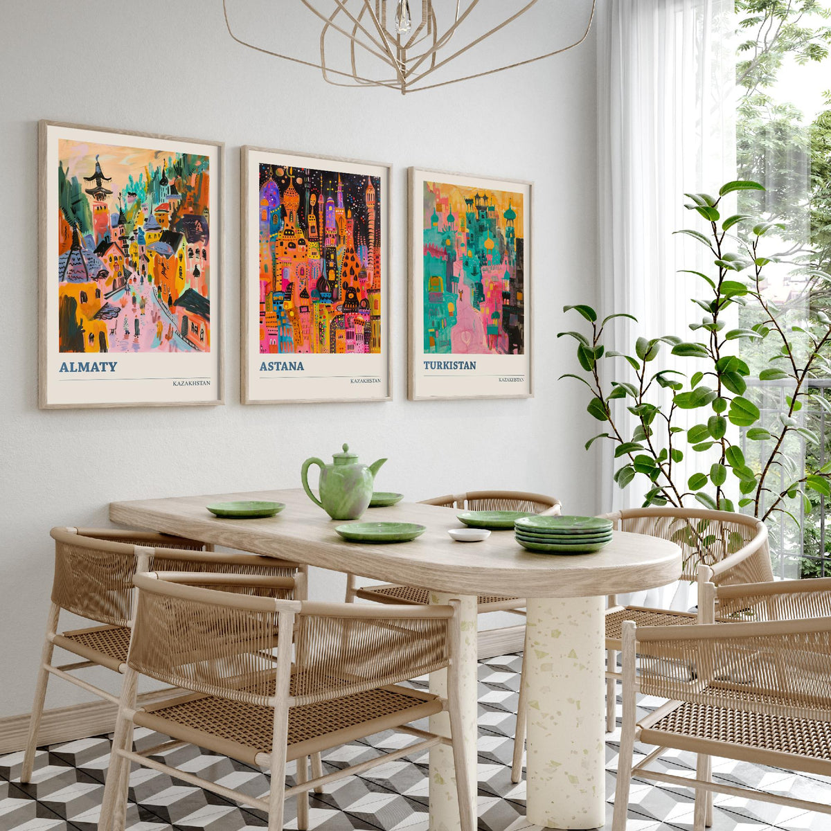 Kazakhstan Set of Three Prints - Almaty Astana Turkistan - 3 Folk Art Travel Posters - Central Asia Wall Art Gift Painting City Map Decor