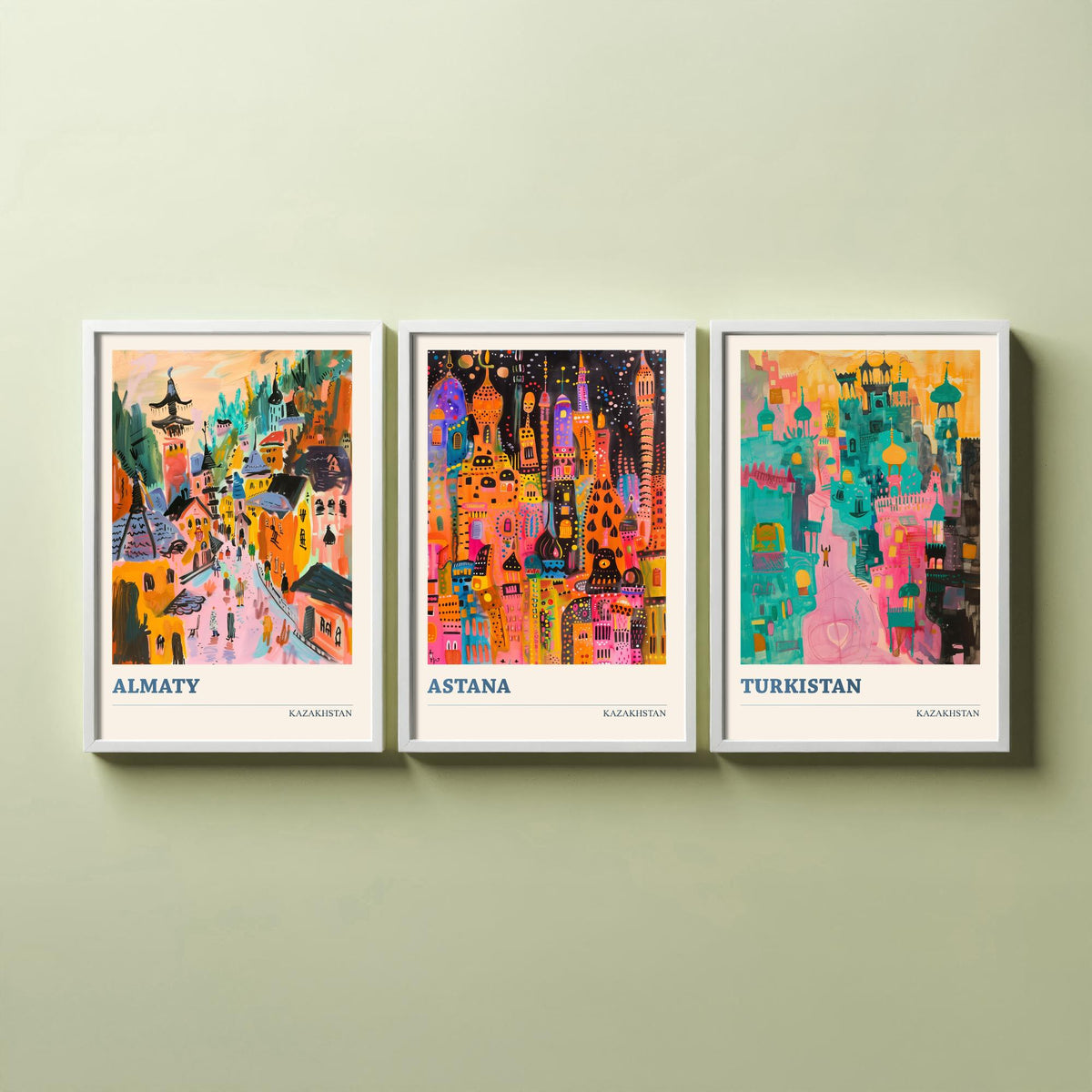 Kazakhstan Set of Three Prints - Almaty Astana Turkistan - 3 Folk Art Travel Posters - Central Asia Wall Art Gift Painting City Map Decor