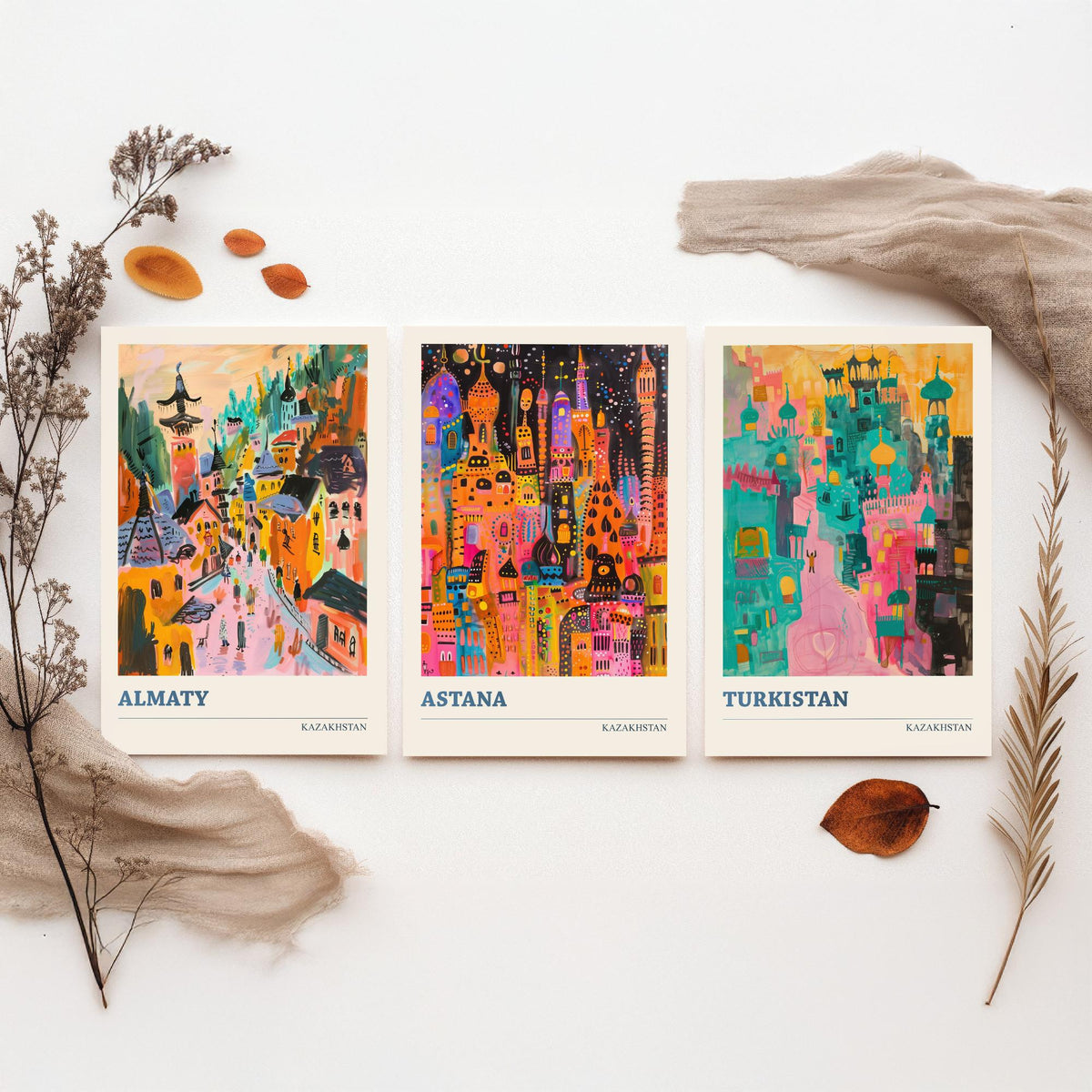 Kazakhstan Set of Three Prints - Almaty Astana Turkistan - 3 Folk Art Travel Posters - Central Asia Wall Art Gift Painting City Map Decor