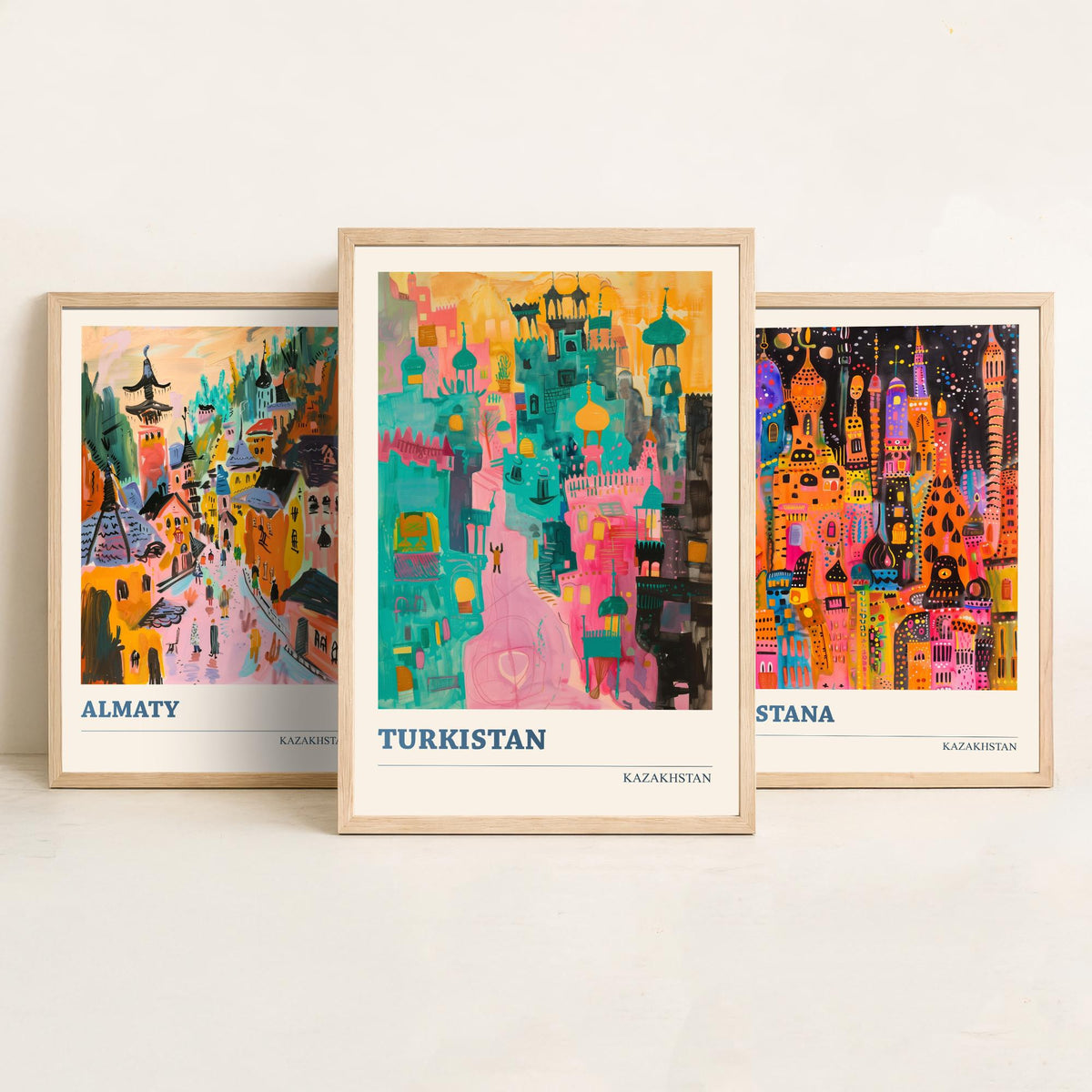 Kazakhstan Set of Three Prints - Almaty Astana Turkistan - 3 Folk Art Travel Posters - Central Asia Wall Art Gift Painting City Map Decor