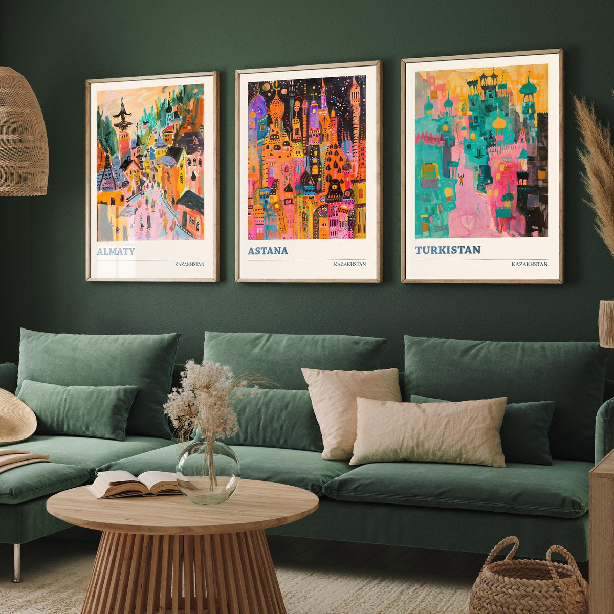 Kazakhstan Set of Three Prints - Almaty Astana Turkistan - 3 Folk Art Travel Posters - Central Asia Wall Art Gift Painting City Map Decor