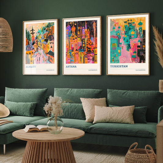 Kazakhstan Set of Three Prints - Almaty Astana Turkistan - 3 Folk Art Travel Posters - Central Asia Wall Art Gift Painting City Map Decor