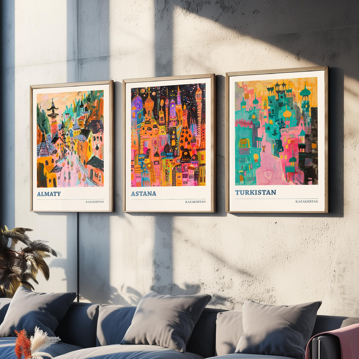 Kazakhstan Set of Three Prints - Almaty Astana Turkistan - 3 Folk Art Travel Posters - Central Asia Wall Art Gift Painting City Map Decor