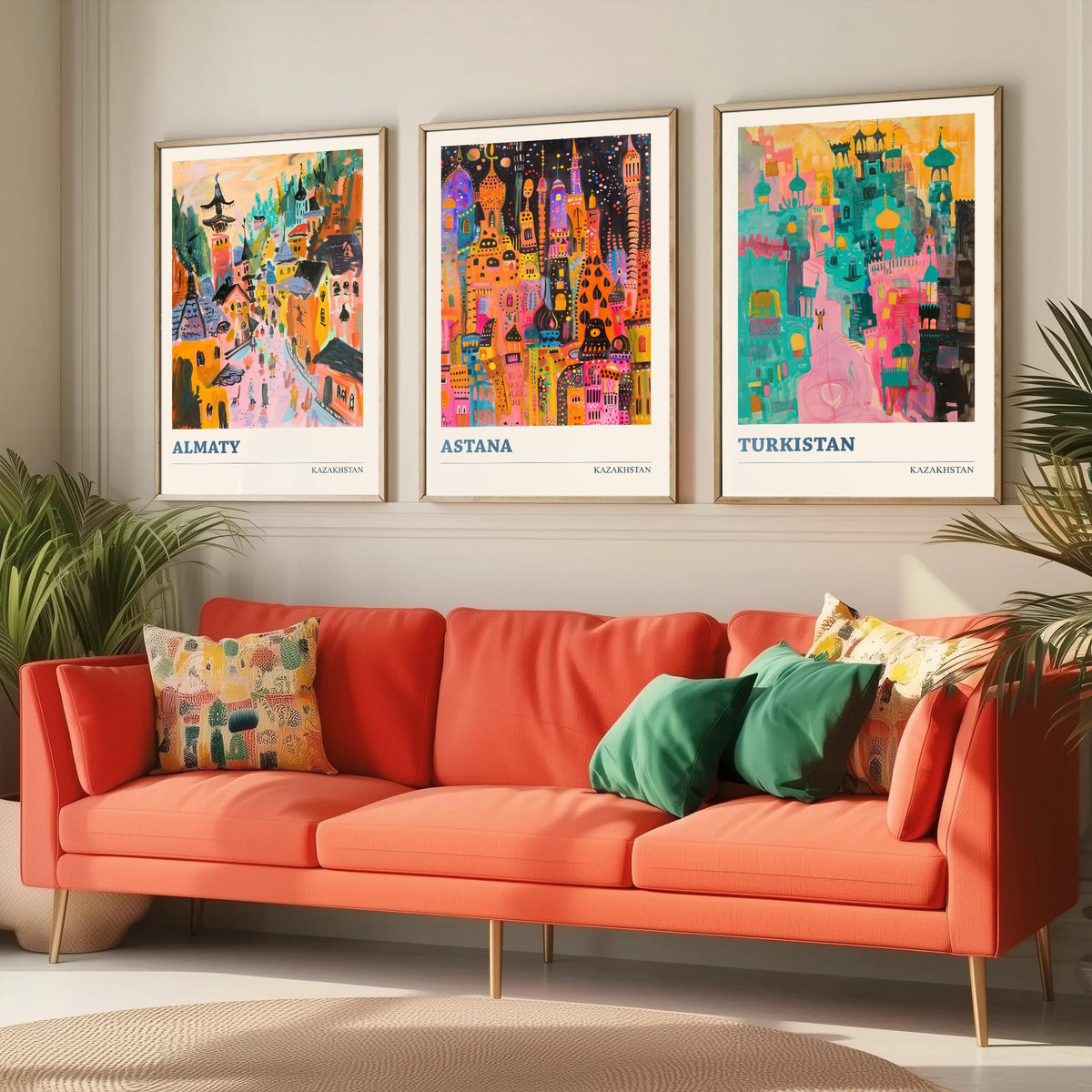 Kazakhstan Set of Three Prints - Almaty Astana Turkistan - 3 Folk Art Travel Posters - Central Asia Wall Art Gift Painting City Map Decor