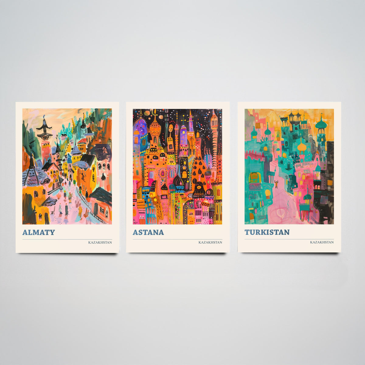 Kazakhstan Set of Three Prints - Almaty Astana Turkistan - 3 Folk Art Travel Posters - Central Asia Wall Art Gift Painting City Map Decor