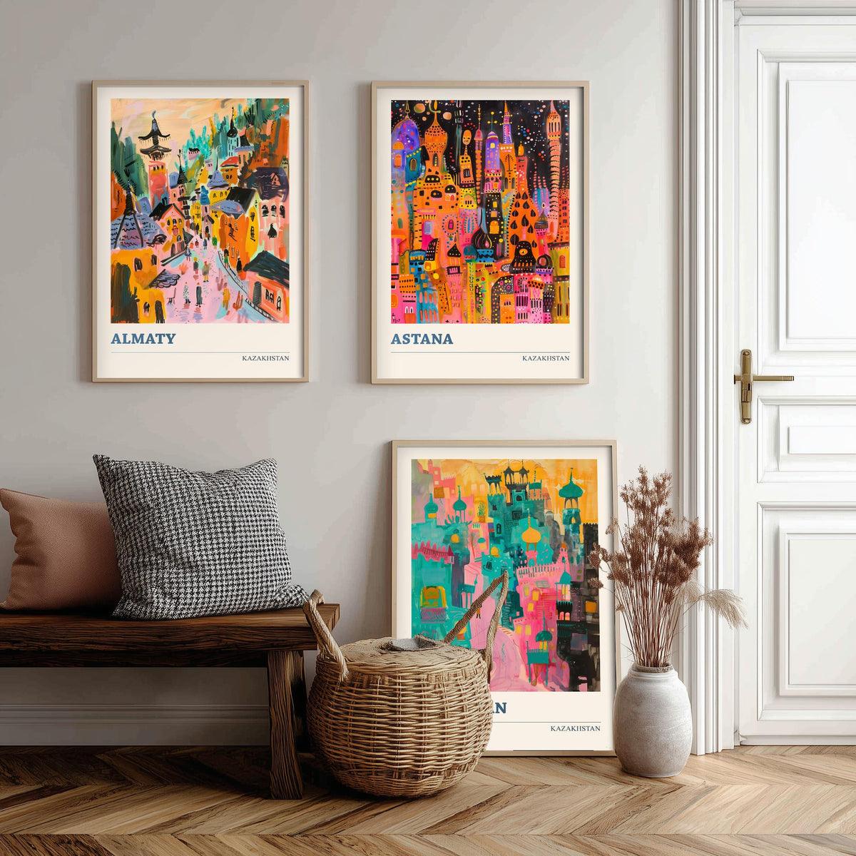 Kazakhstan Set of Three Prints - Almaty Astana Turkistan - 3 Folk Art Travel Posters - Central Asia Wall Art Gift Painting City Map Decor