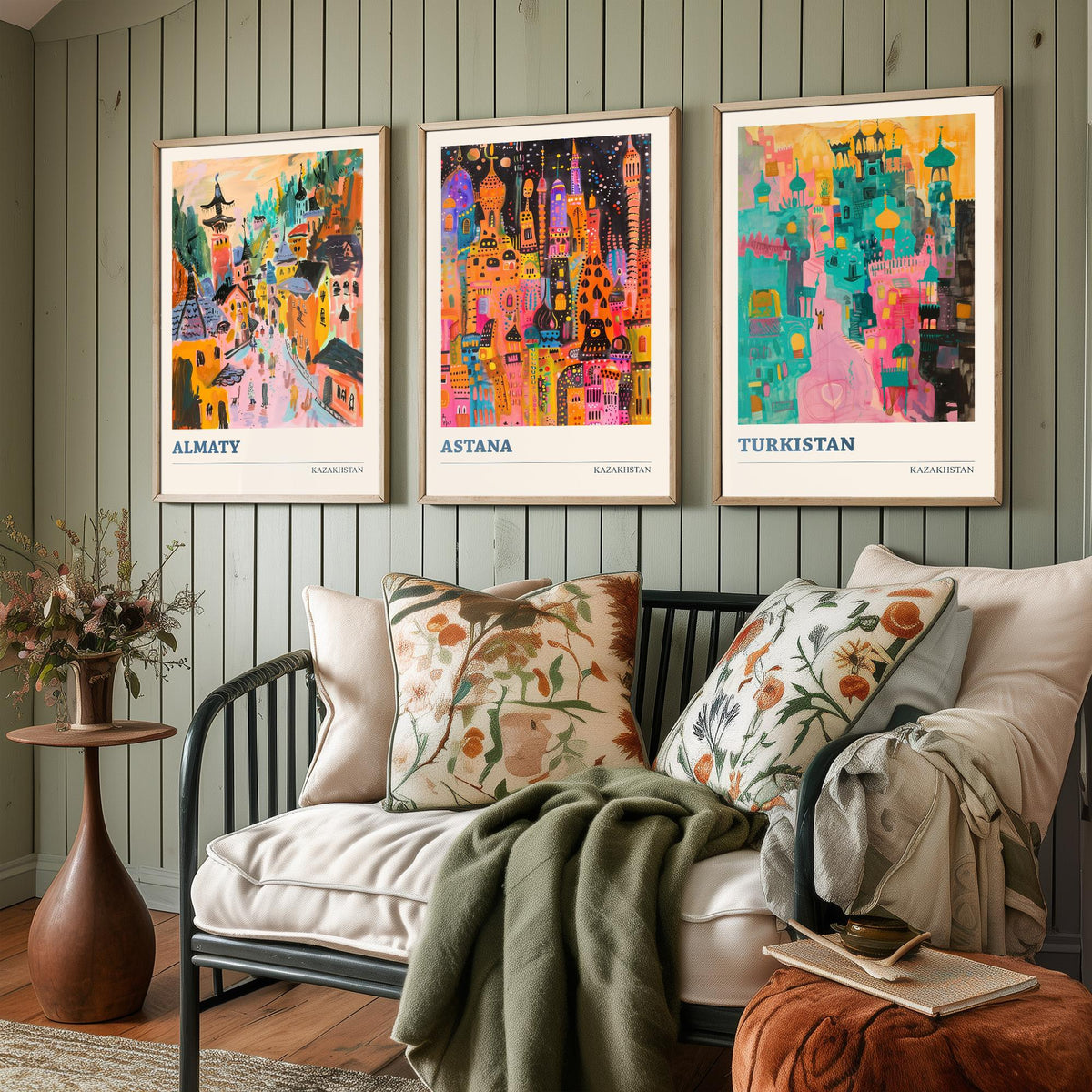 Kazakhstan Set of Three Prints - Almaty Astana Turkistan - 3 Folk Art Travel Posters - Central Asia Wall Art Gift Painting City Map Decor