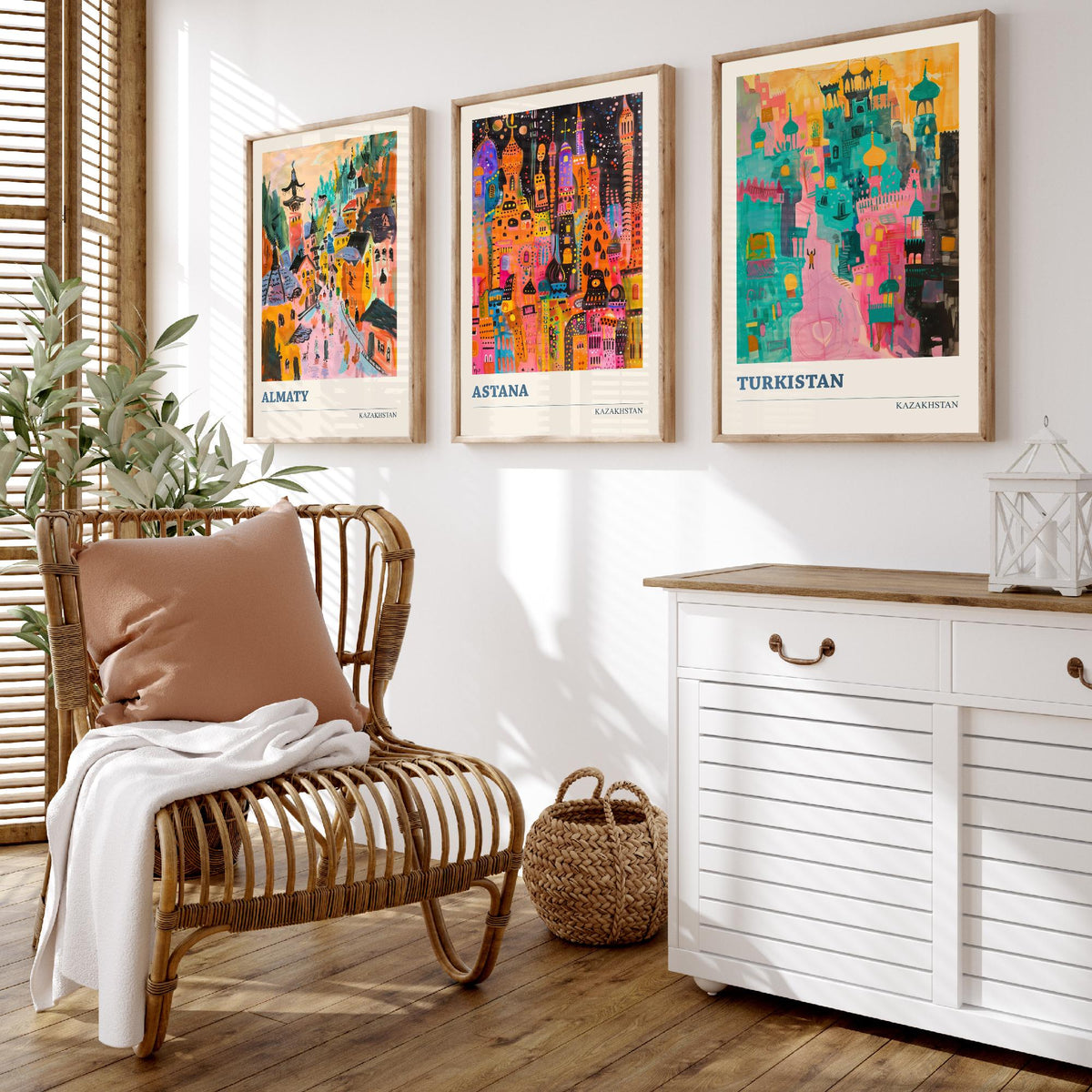 Kazakhstan Set of Three Prints - Almaty Astana Turkistan - 3 Folk Art Travel Posters - Central Asia Wall Art Gift Painting City Map Decor