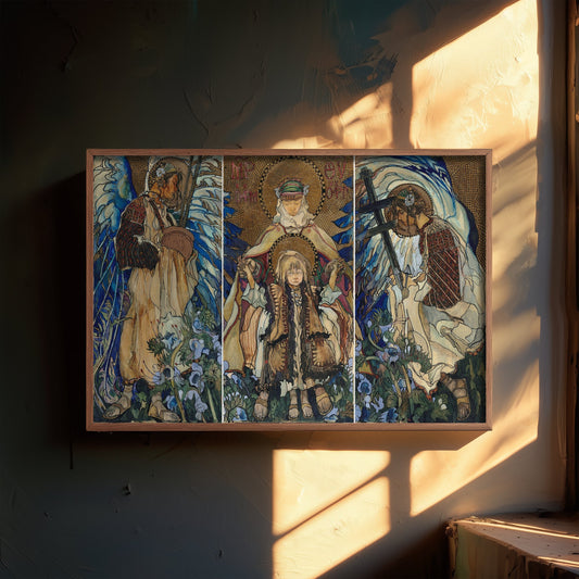 Kazimierz Sichulski - The Hutsul Madonna (1909) - Classic Painting Art Print - Folk Madonna Angels Gold Halos Blue Iris Poster