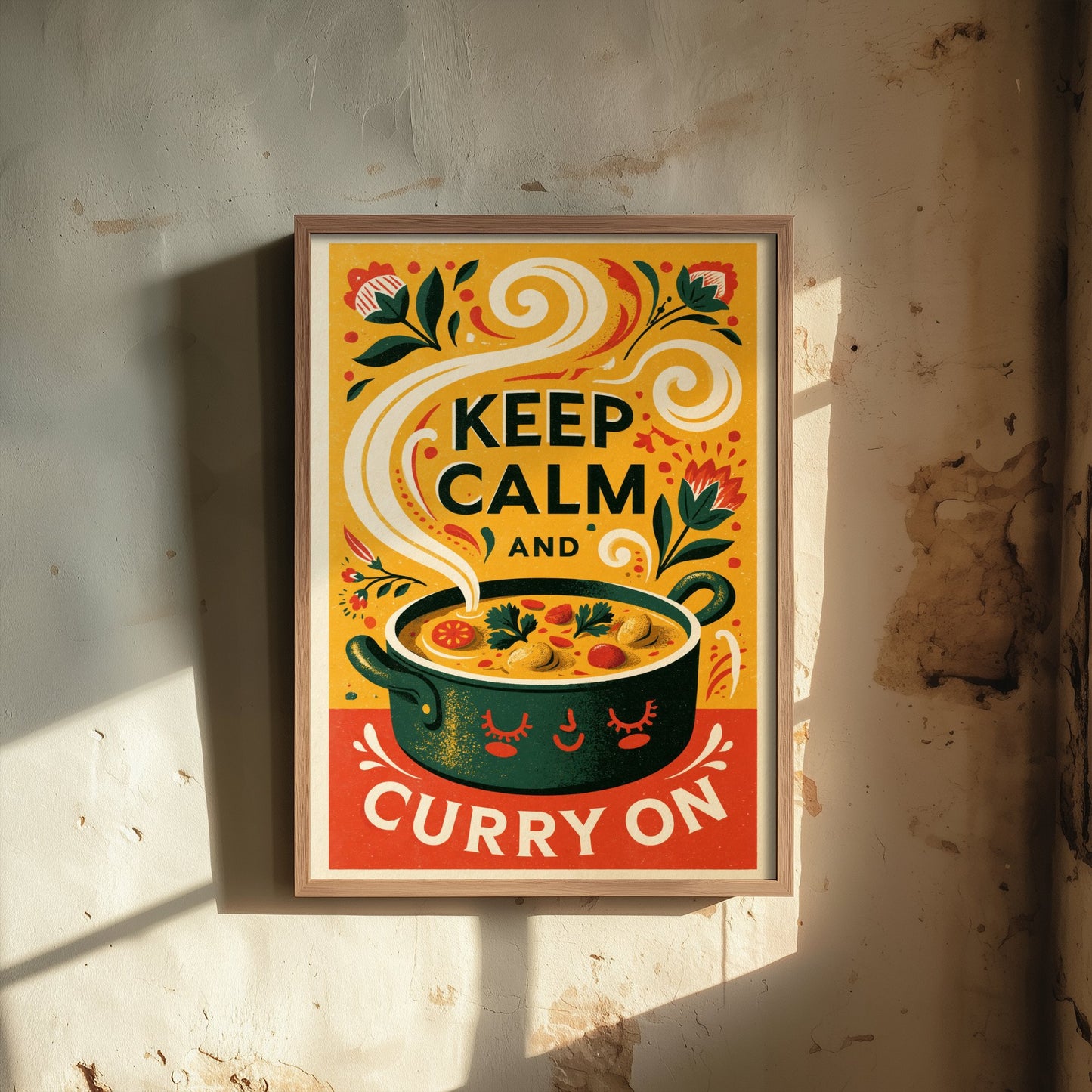 Keep Calm and Curry On Art Print - Funny Curry Pot Kitchen Poster - Retro Screen Print Style Illustration V1