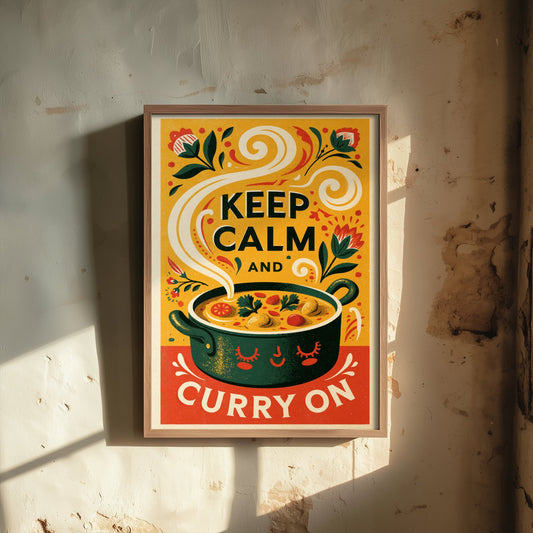 Keep Calm and Curry On Art Print - Funny Curry Pot Kitchen Poster - Retro Screen Print Style Illustration V1