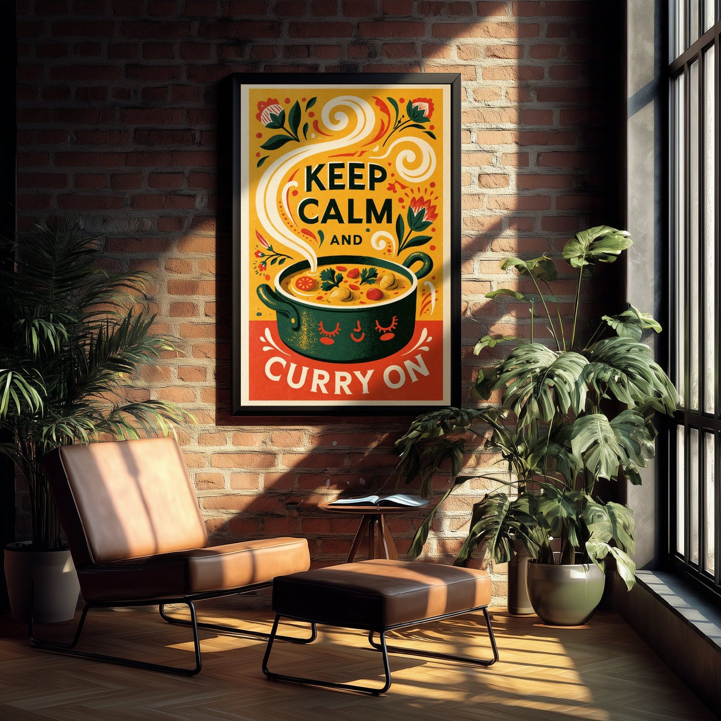 Keep Calm and Curry On Art Print - Funny Curry Pot Kitchen Poster - Retro Screen Print Style Illustration V1