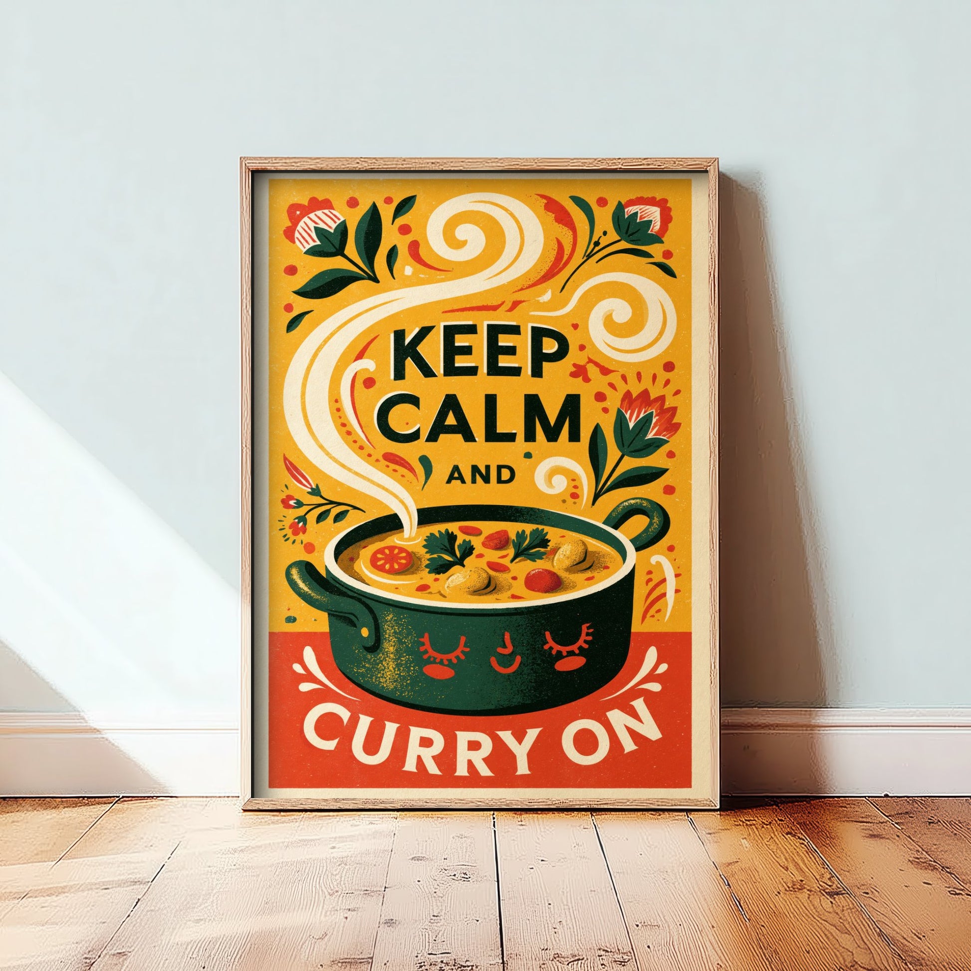 Keep Calm and Curry On Art Print - Funny Curry Pot Kitchen Poster - Retro Screen Print Style Illustration V1