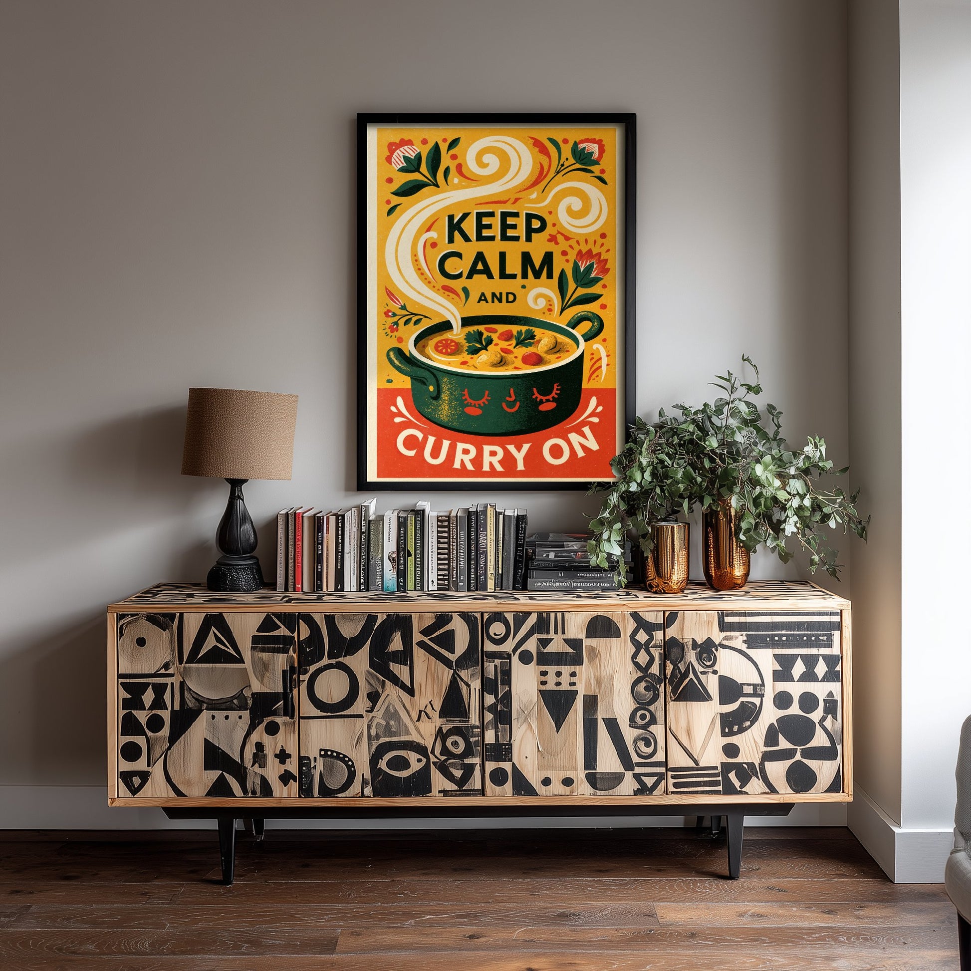 Keep Calm and Curry On Art Print - Funny Curry Pot Kitchen Poster - Retro Screen Print Style Illustration V1