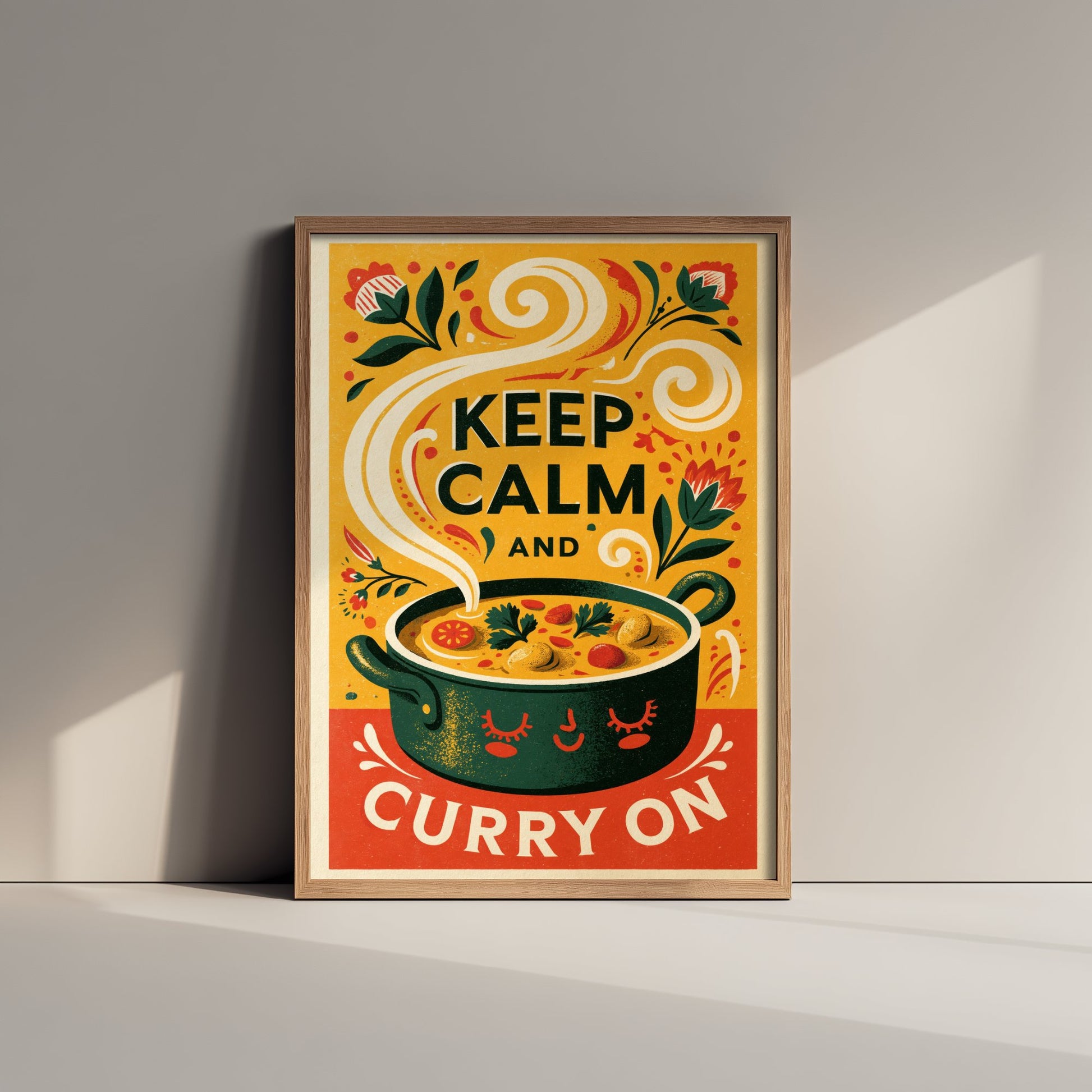 Keep Calm and Curry On Art Print - Funny Curry Pot Kitchen Poster - Retro Screen Print Style Illustration V1