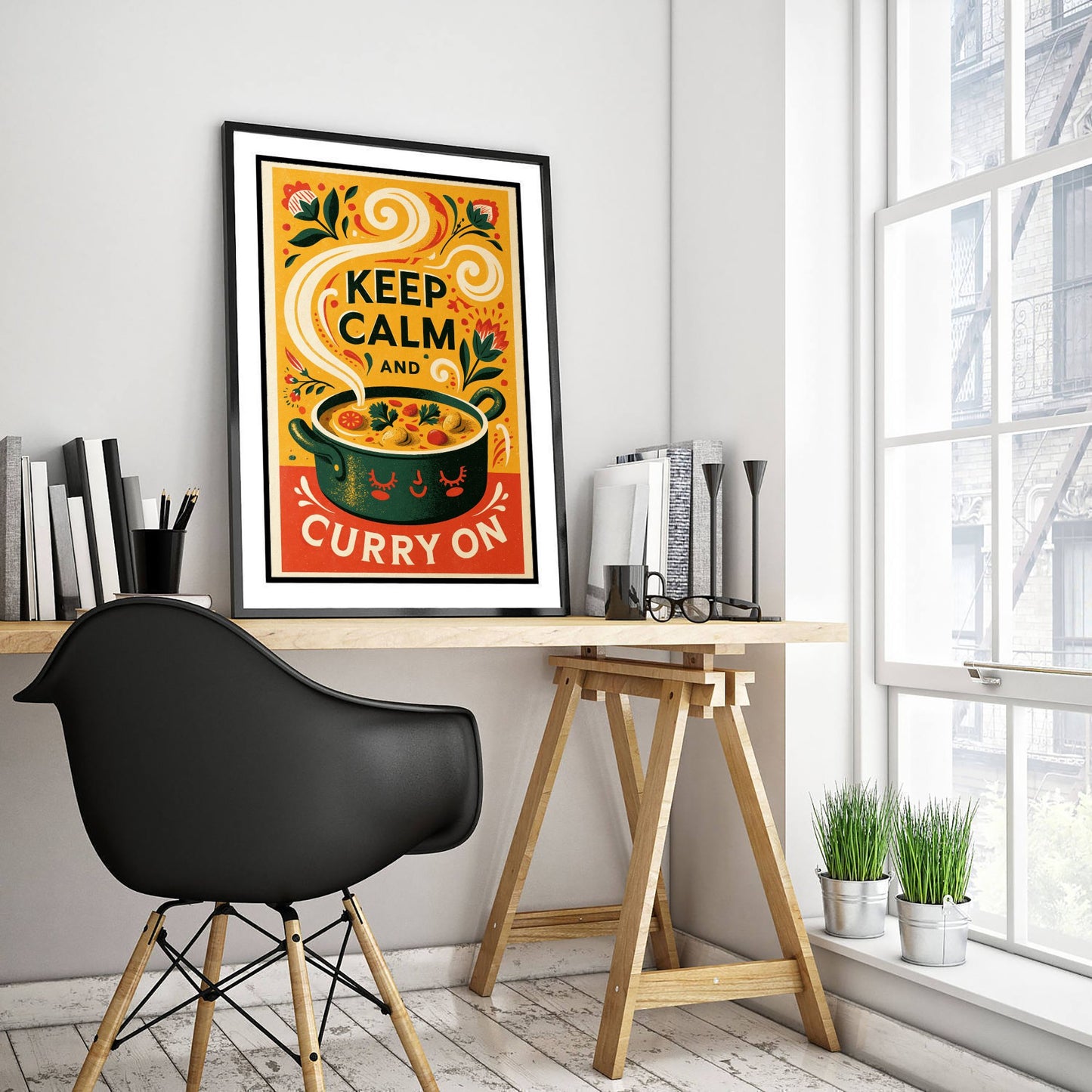 Keep Calm and Curry On Art Print - Funny Curry Pot Kitchen Poster - Retro Screen Print Style Illustration V1