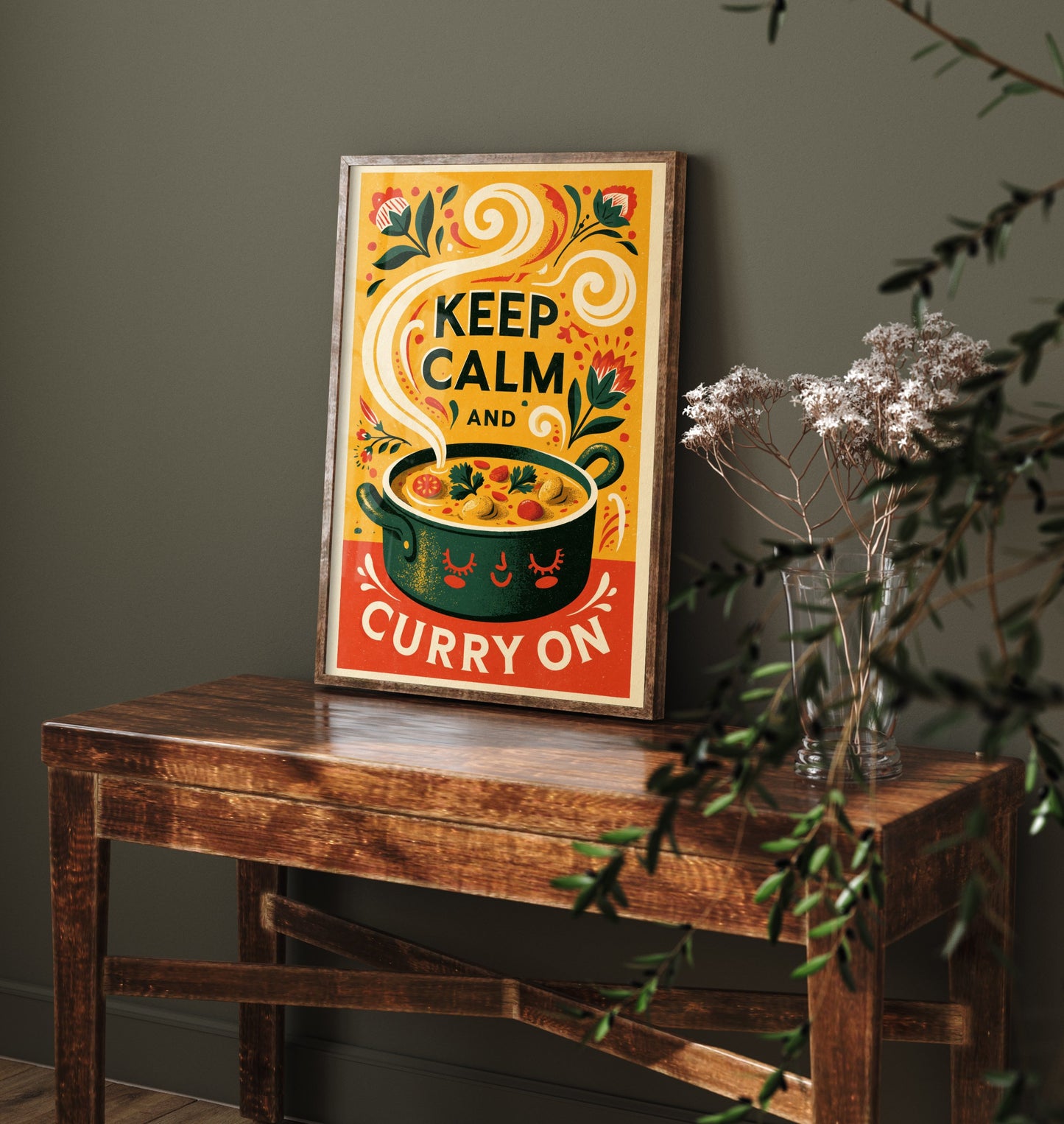 Keep Calm and Curry On Art Print - Funny Curry Pot Kitchen Poster - Retro Screen Print Style Illustration V1