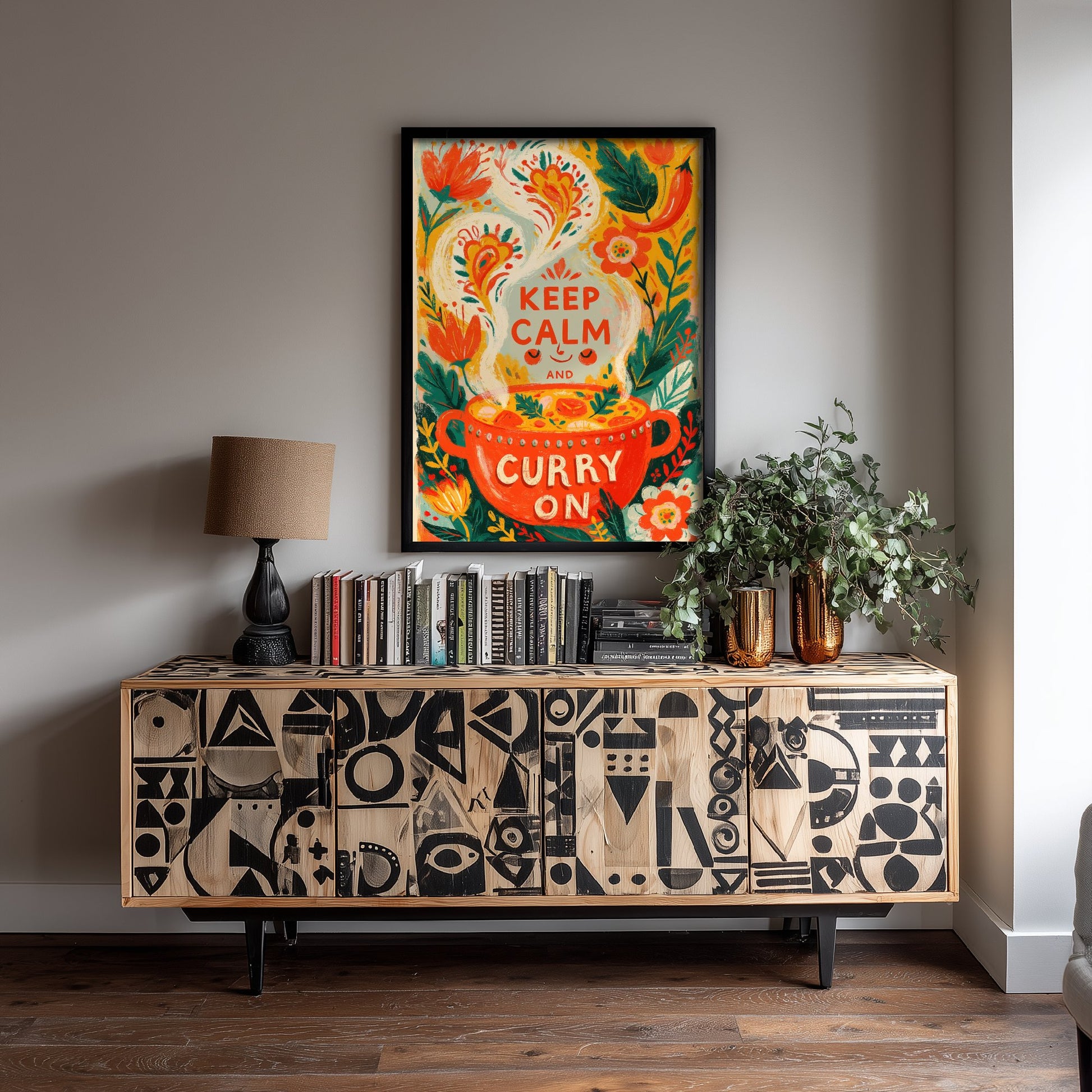 Keep Calm and Curry On Kitchen Print - Painterly Curry Pot and Chilli Flowers Poster - Bold Folk Art Illustration V2