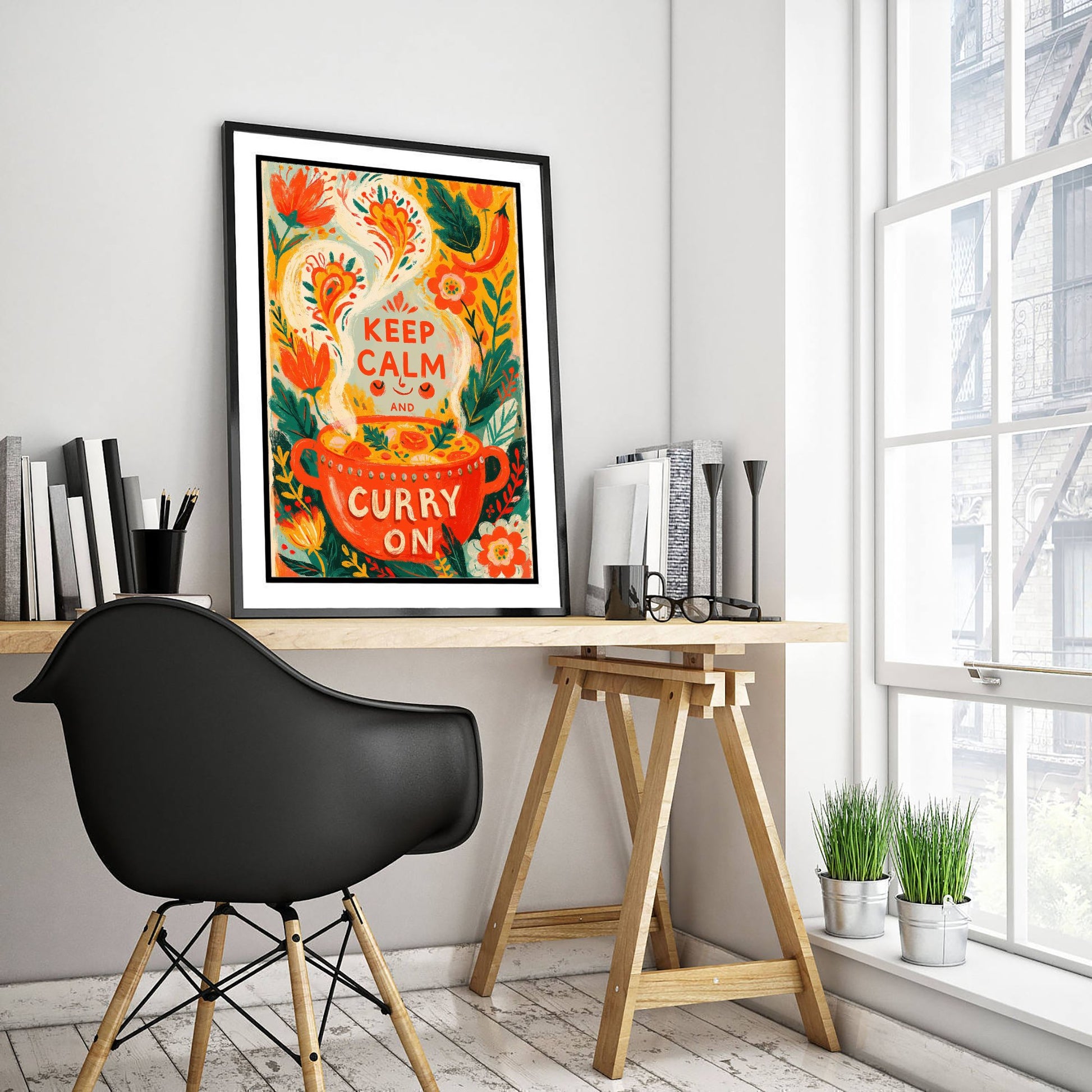 Keep Calm and Curry On Kitchen Print - Painterly Curry Pot and Chilli Flowers Poster - Bold Folk Art Illustration V2