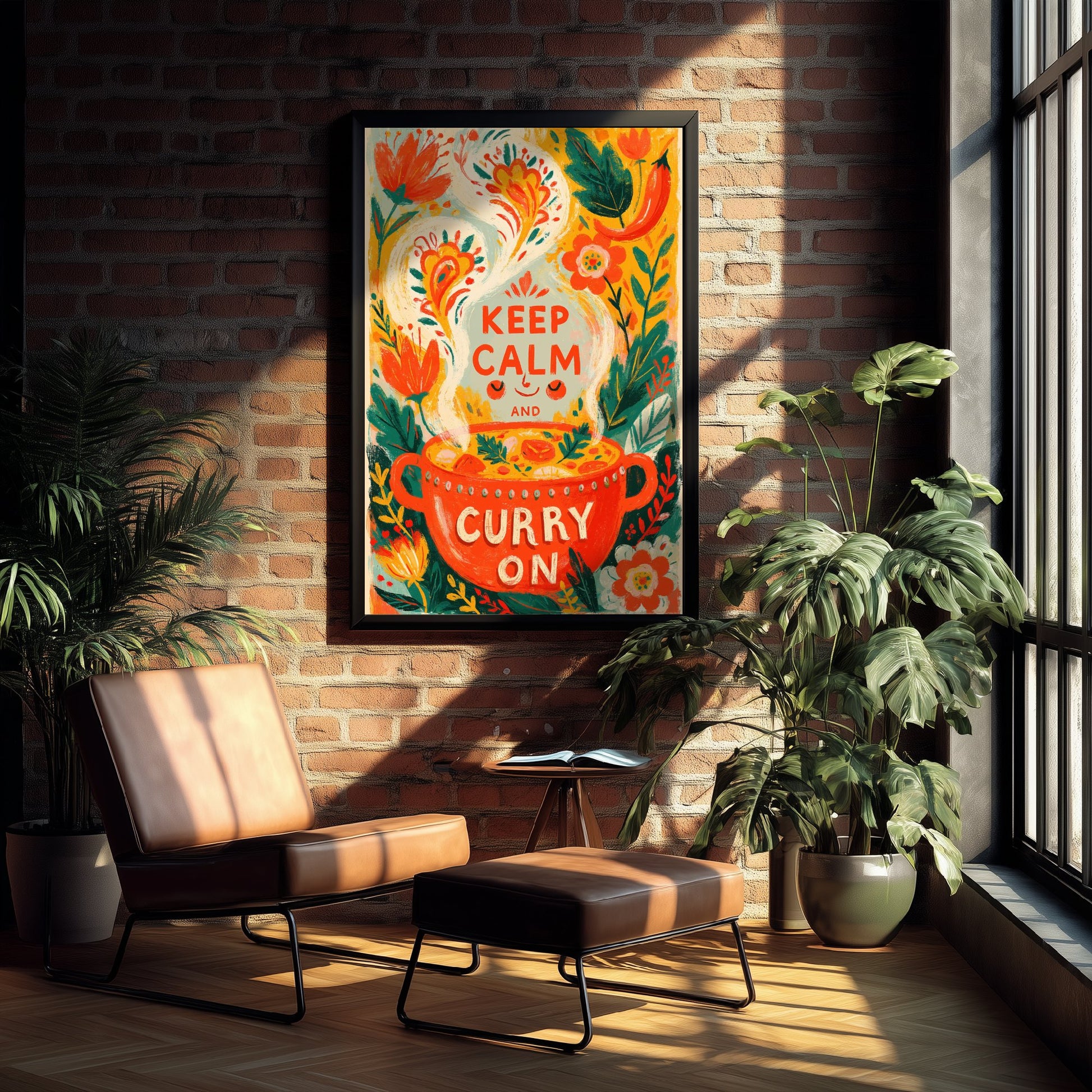 Keep Calm and Curry On Kitchen Print - Painterly Curry Pot and Chilli Flowers Poster - Bold Folk Art Illustration V2