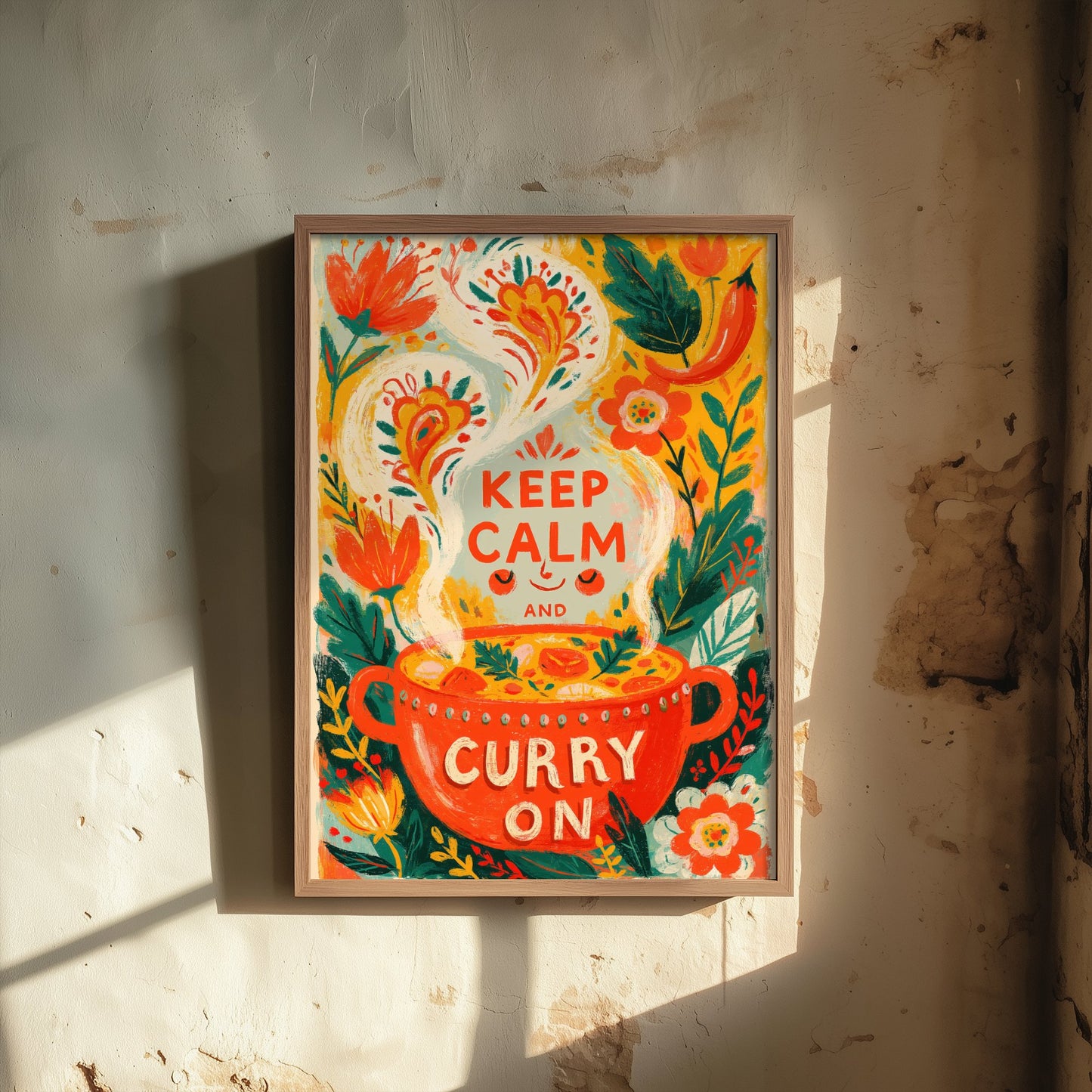 Keep Calm and Curry On Kitchen Print - Painterly Curry Pot and Chilli Flowers Poster - Bold Folk Art Illustration V2