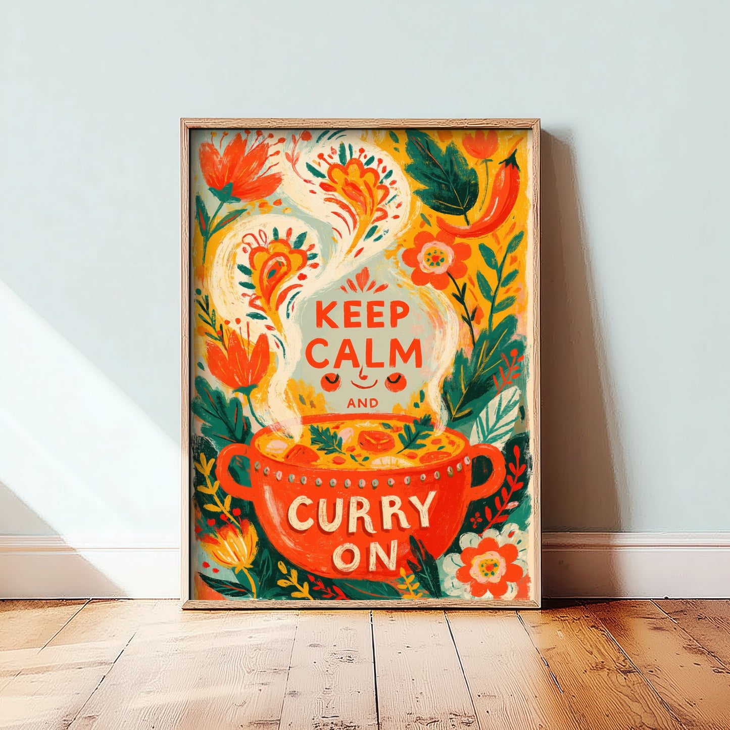 Keep Calm and Curry On Kitchen Print - Painterly Curry Pot and Chilli Flowers Poster - Bold Folk Art Illustration V2