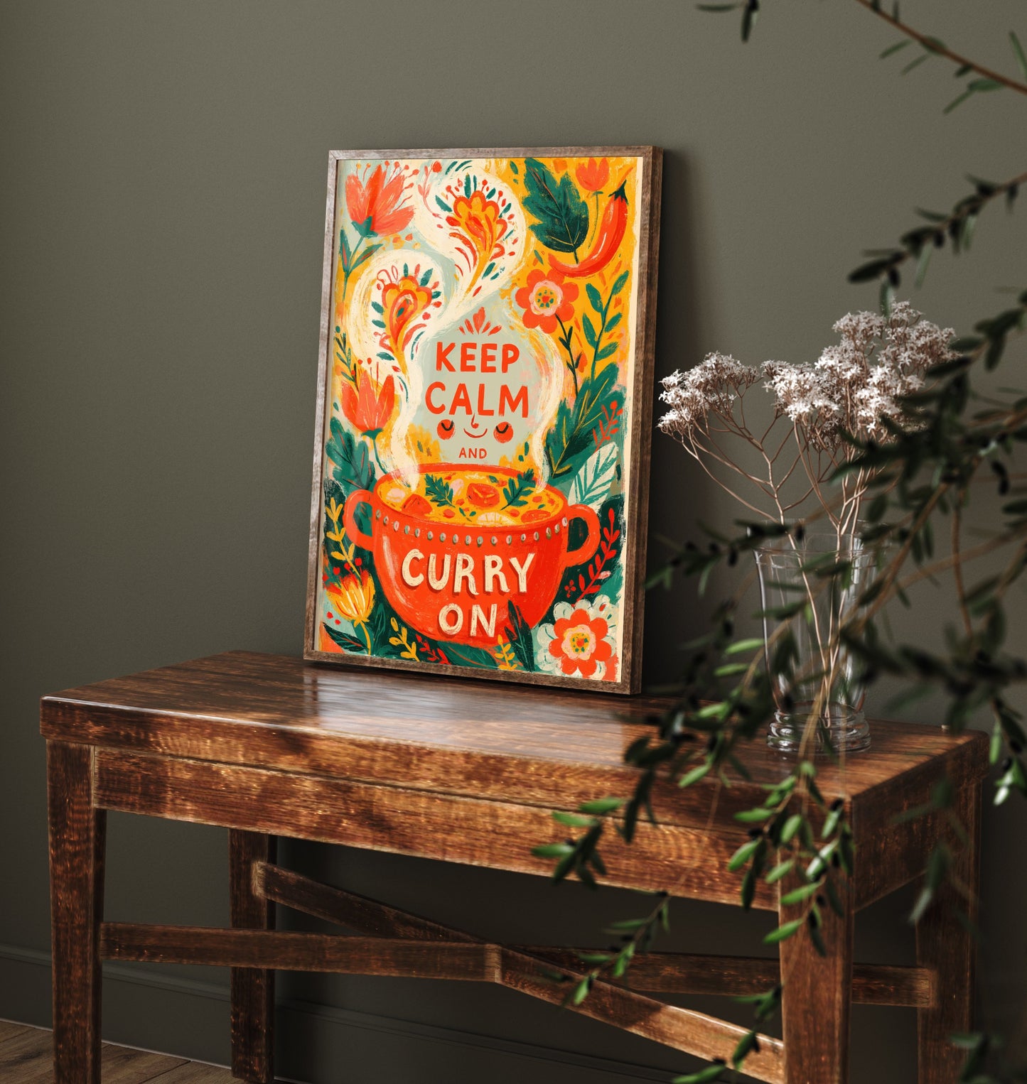 Keep Calm and Curry On Kitchen Print - Painterly Curry Pot and Chilli Flowers Poster - Bold Folk Art Illustration V2